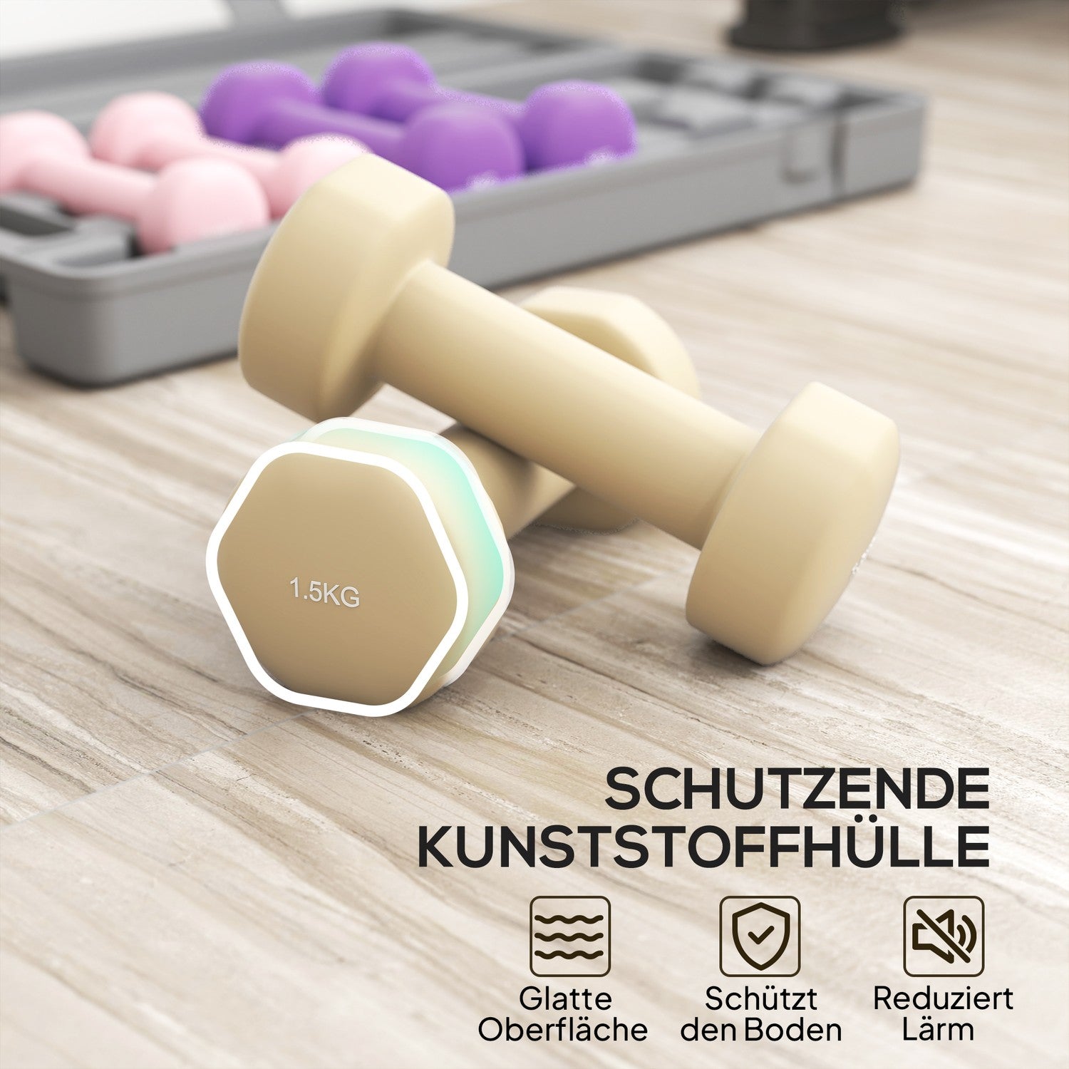 Justerbart hantelset med fodral, 6 par: 0,5 kg till 1,5 kg