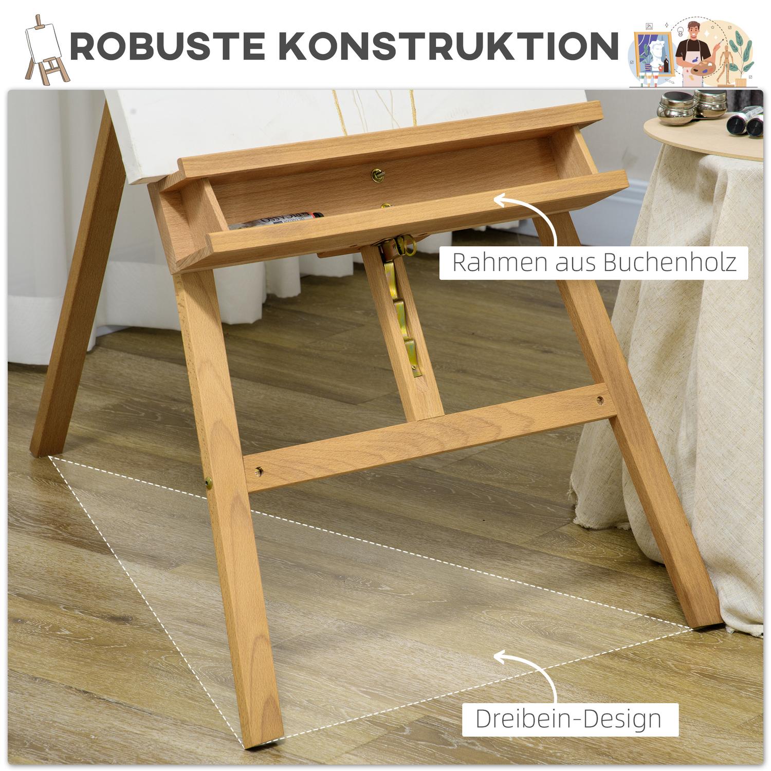 Justerbar trästafli 180-235 cm med hylla och canvashållare