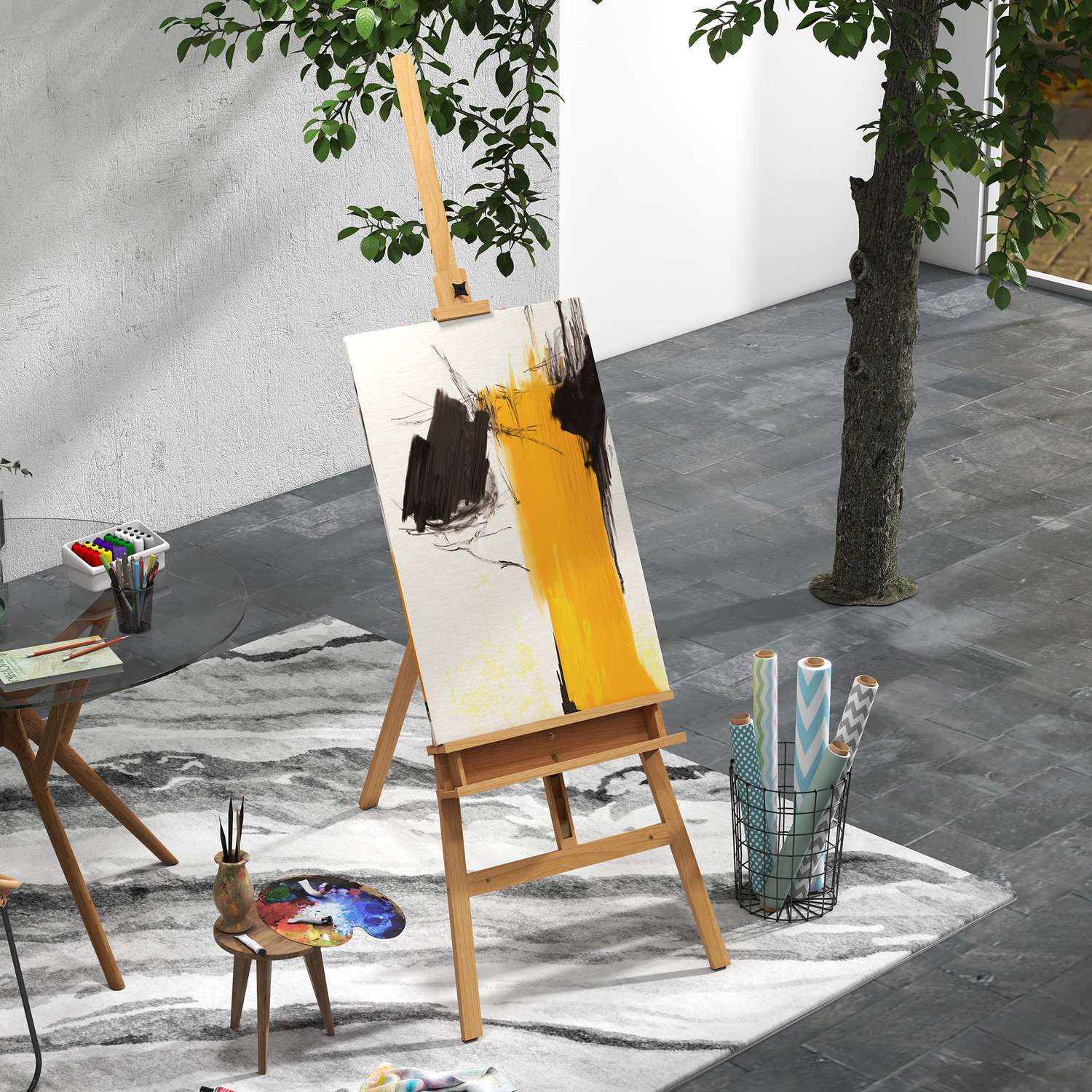Justerbar trästafli 180-235 cm med hylla och canvashållare