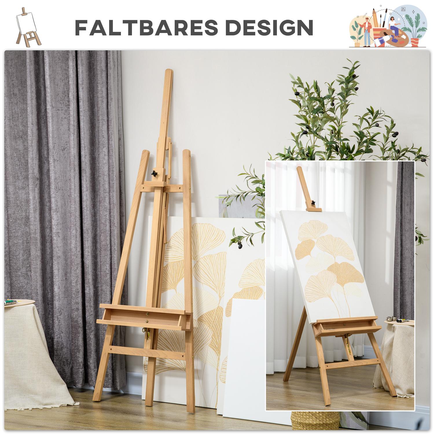 Justerbar trästafli 180-235 cm med hylla och canvashållare