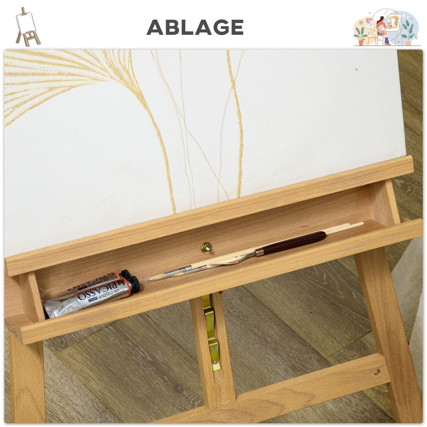 Justerbar trästafli 180-235 cm med hylla och canvashållare