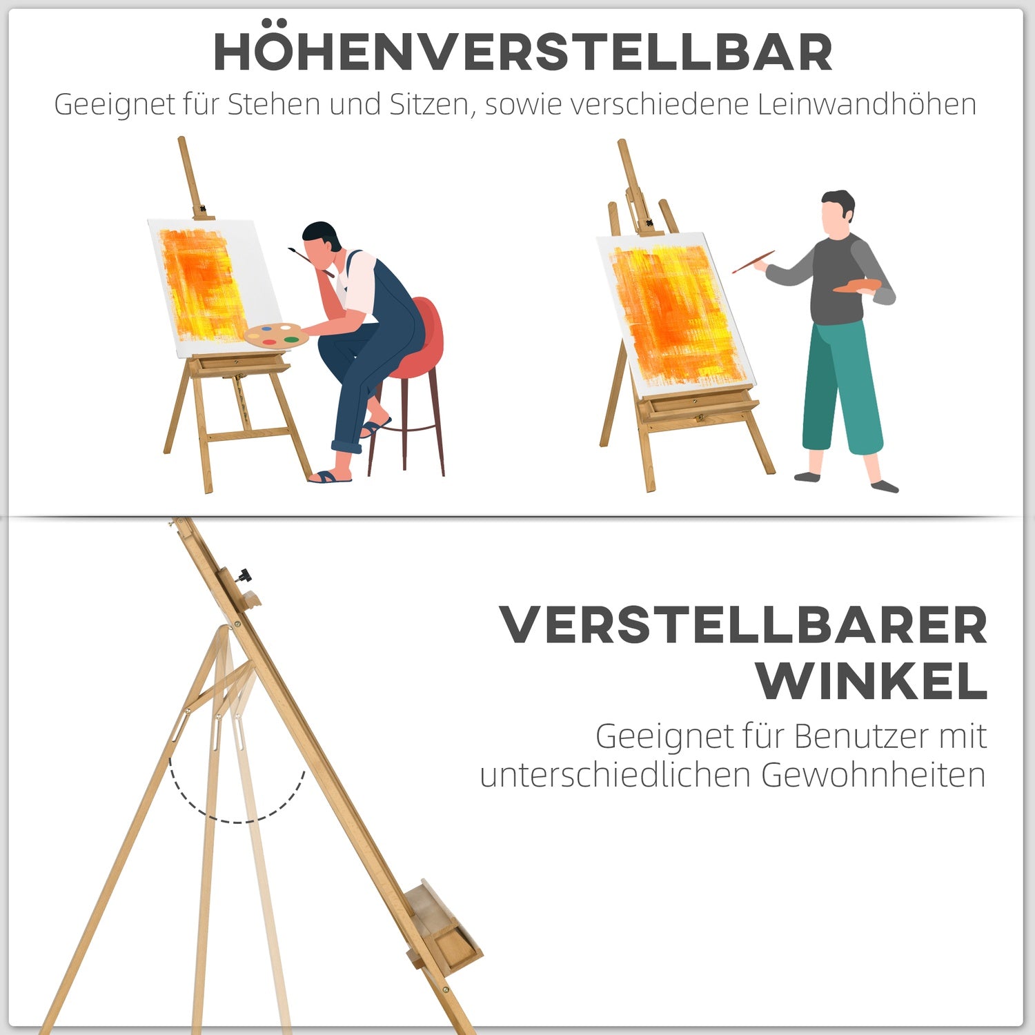 Justerbar trästafli 180-235 cm med hylla och canvashållare