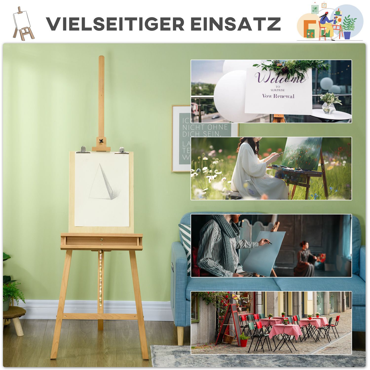 Justerbar trästafli 180-235 cm med hylla och canvashållare