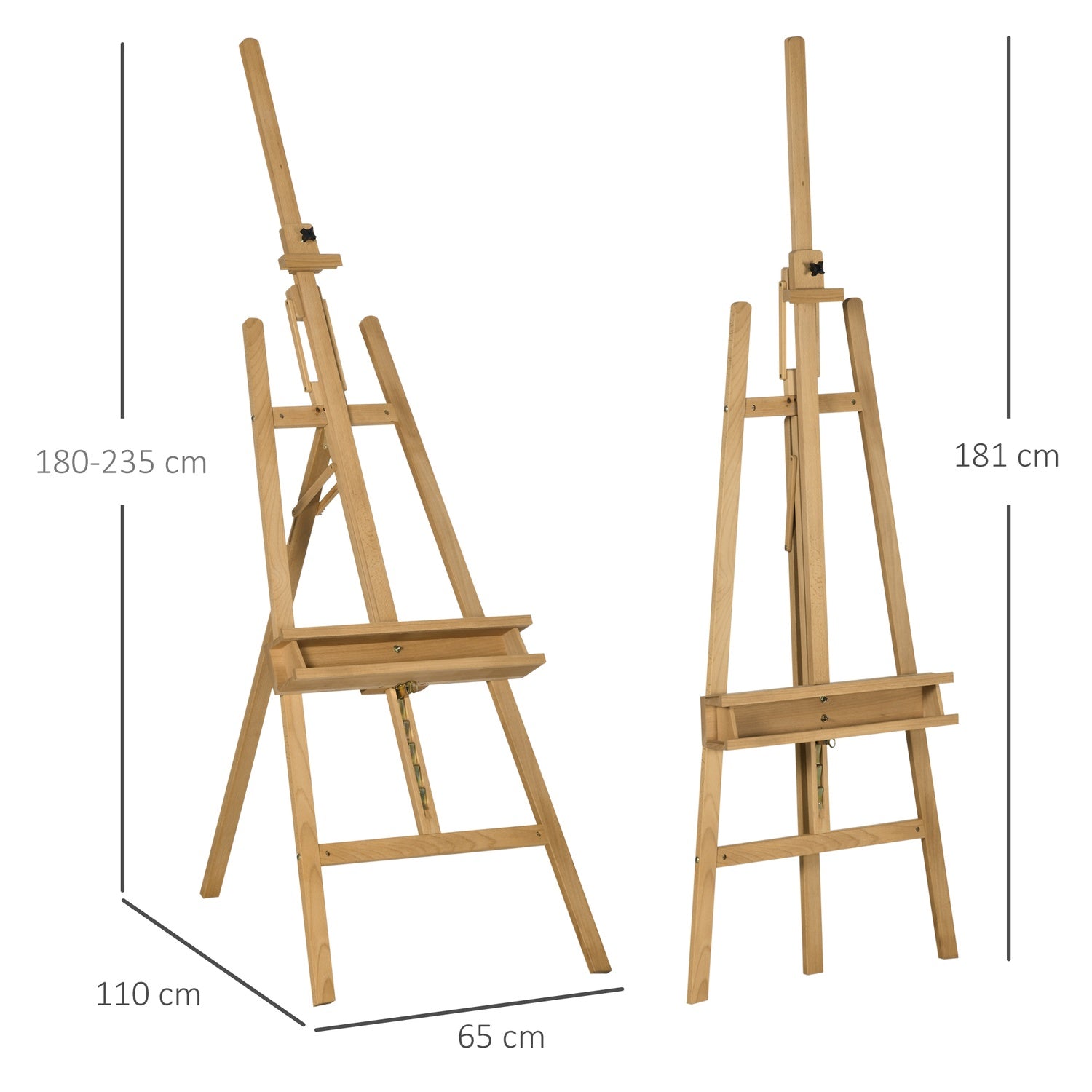 Justerbar trästafli 180-235 cm med hylla och canvashållare