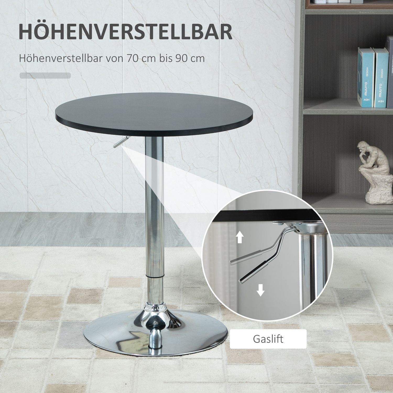 Justerbart rundstångsbord, roterande stål, svart Ø61cm