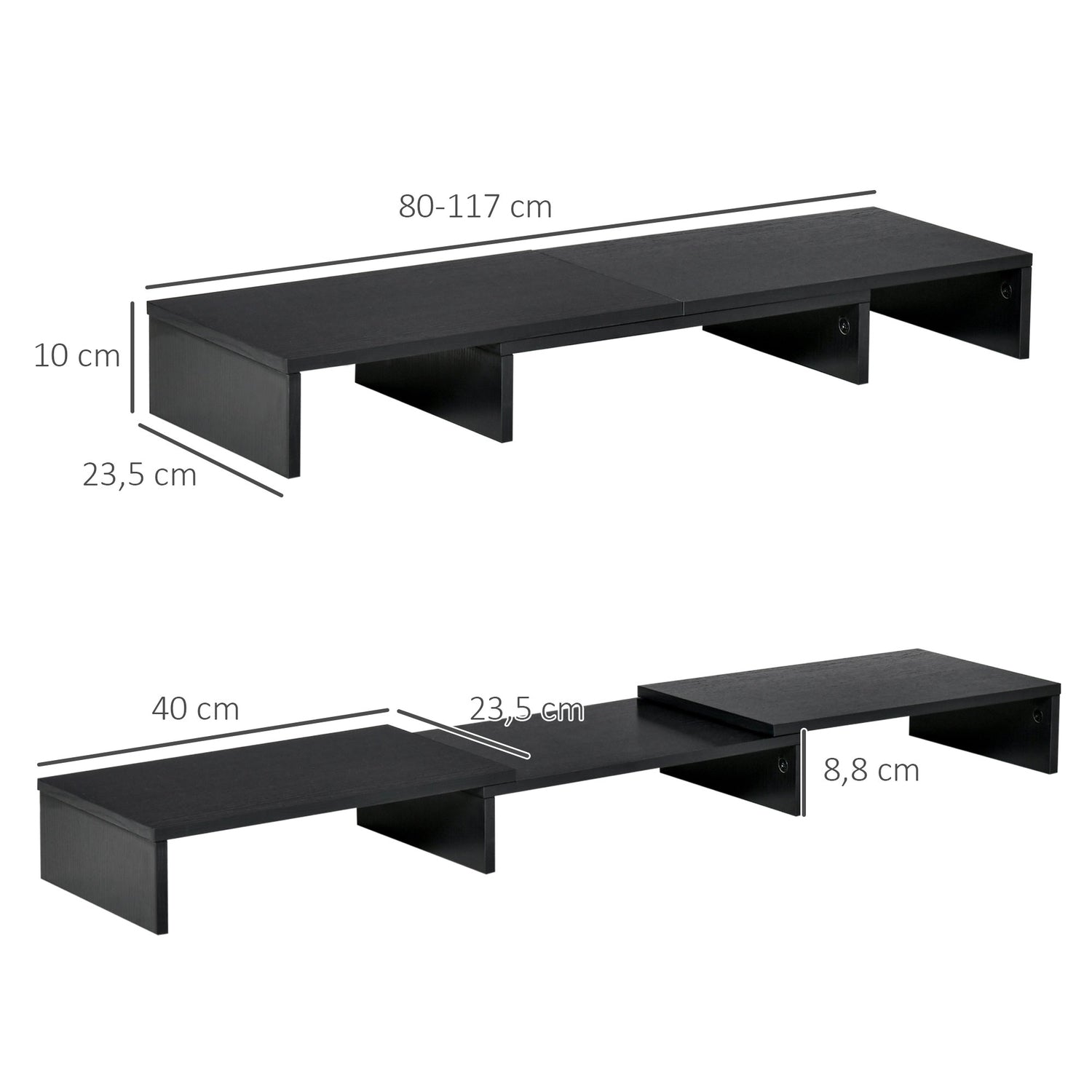 Justerbart stativ med dubbla bildskärmar, trähylla, 80-117cm