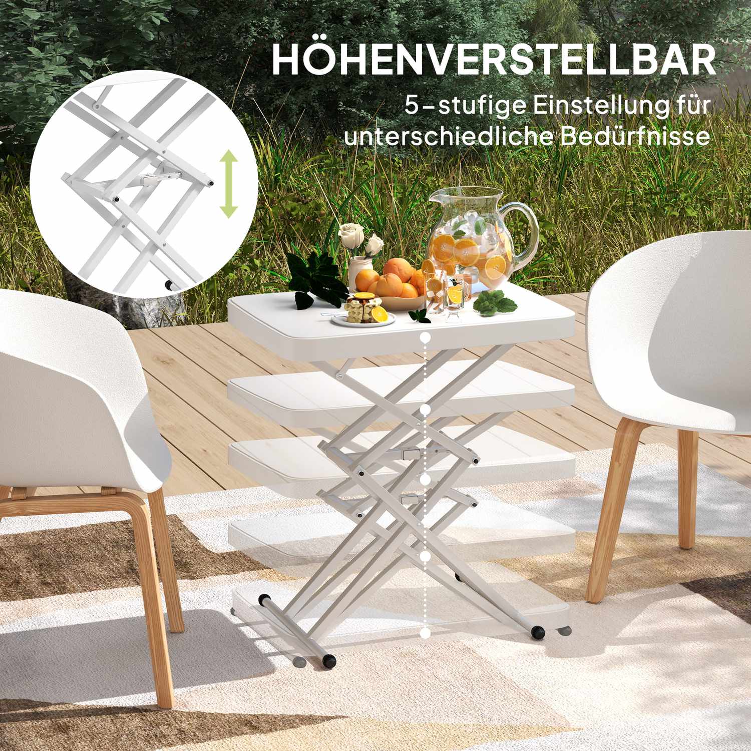 Justerbart trädgårdsbord utomhus – plast, hopfällbart, vitt