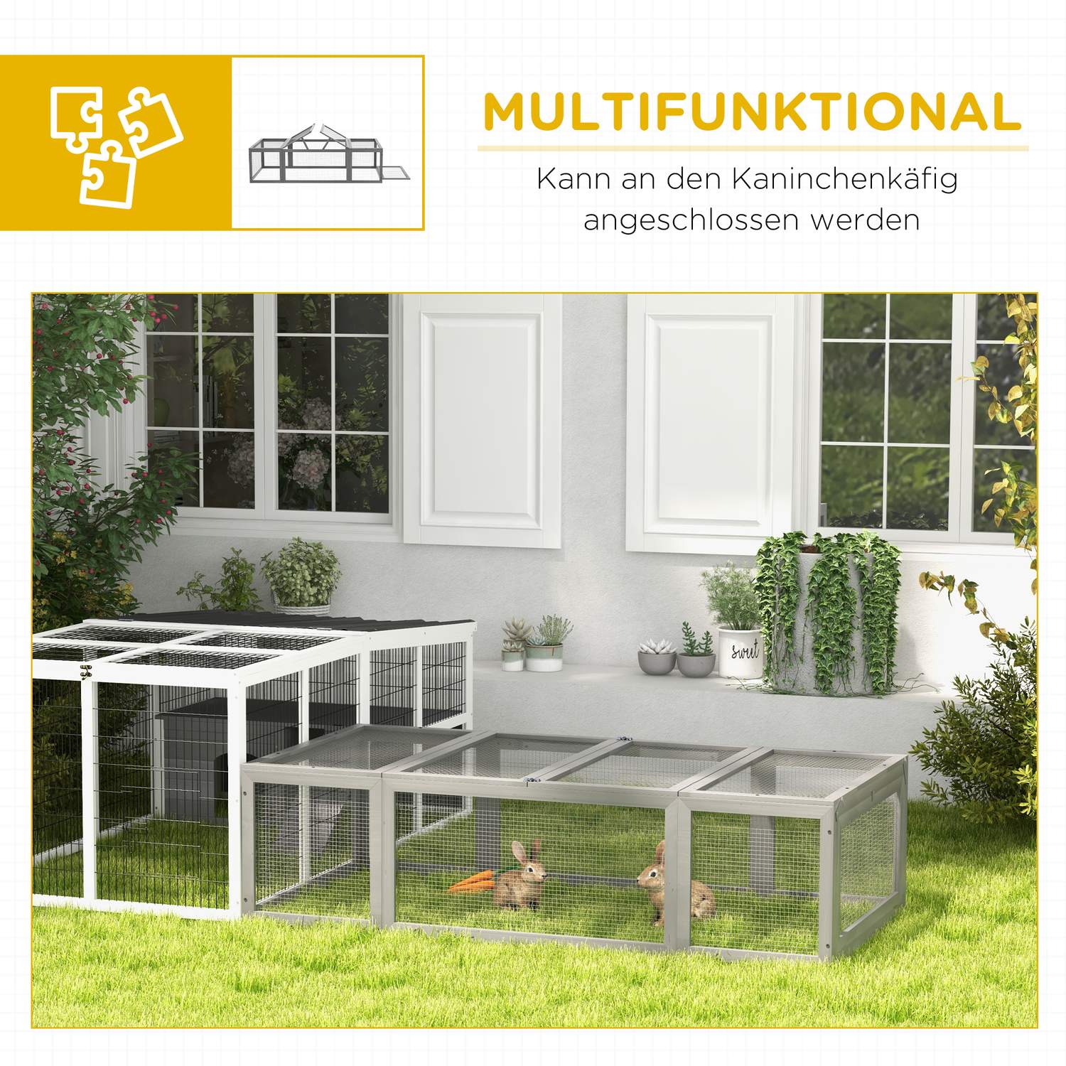 Kaninbur i granträ med vintertätt gångjärnstak