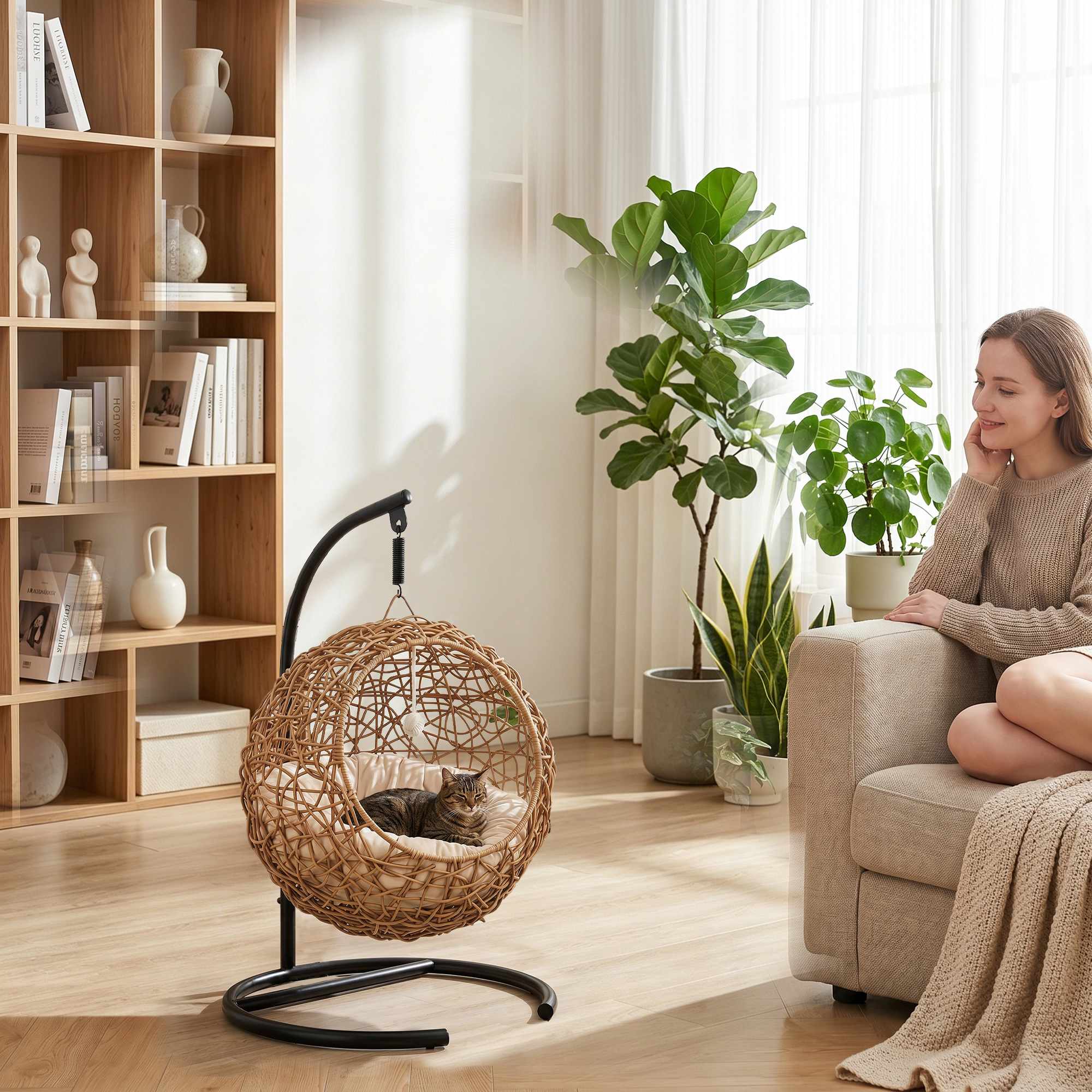 Kattbädd i rotting, tvättbar kudde, lekboll, upp till 10 kg