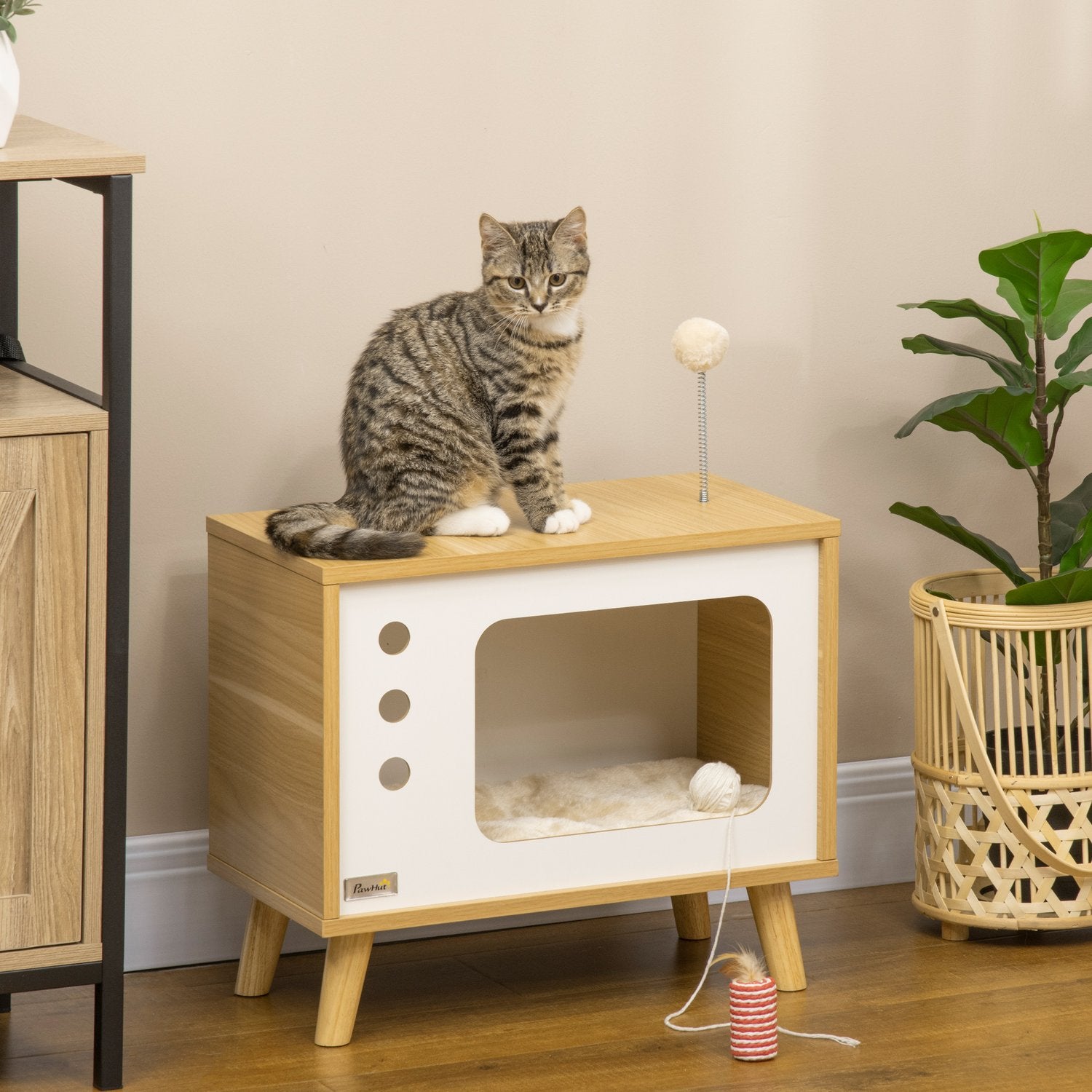 Katthus med lekboll & kudde, ek/beige/vit 50x28x43 cm
