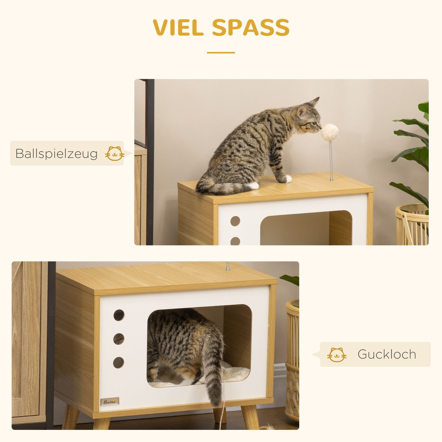 Katthus med lekboll & kudde, ek/beige/vit 50x28x43 cm
