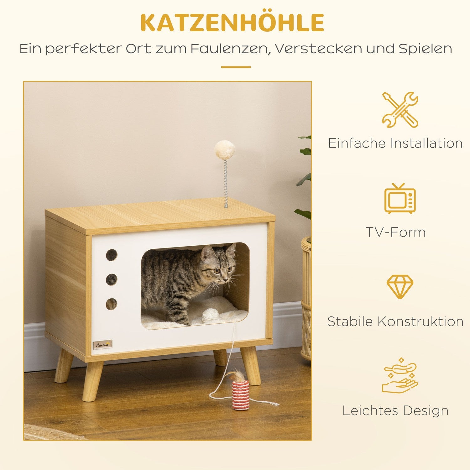 Katthus med lekboll & kudde, ek/beige/vit 50x28x43 cm