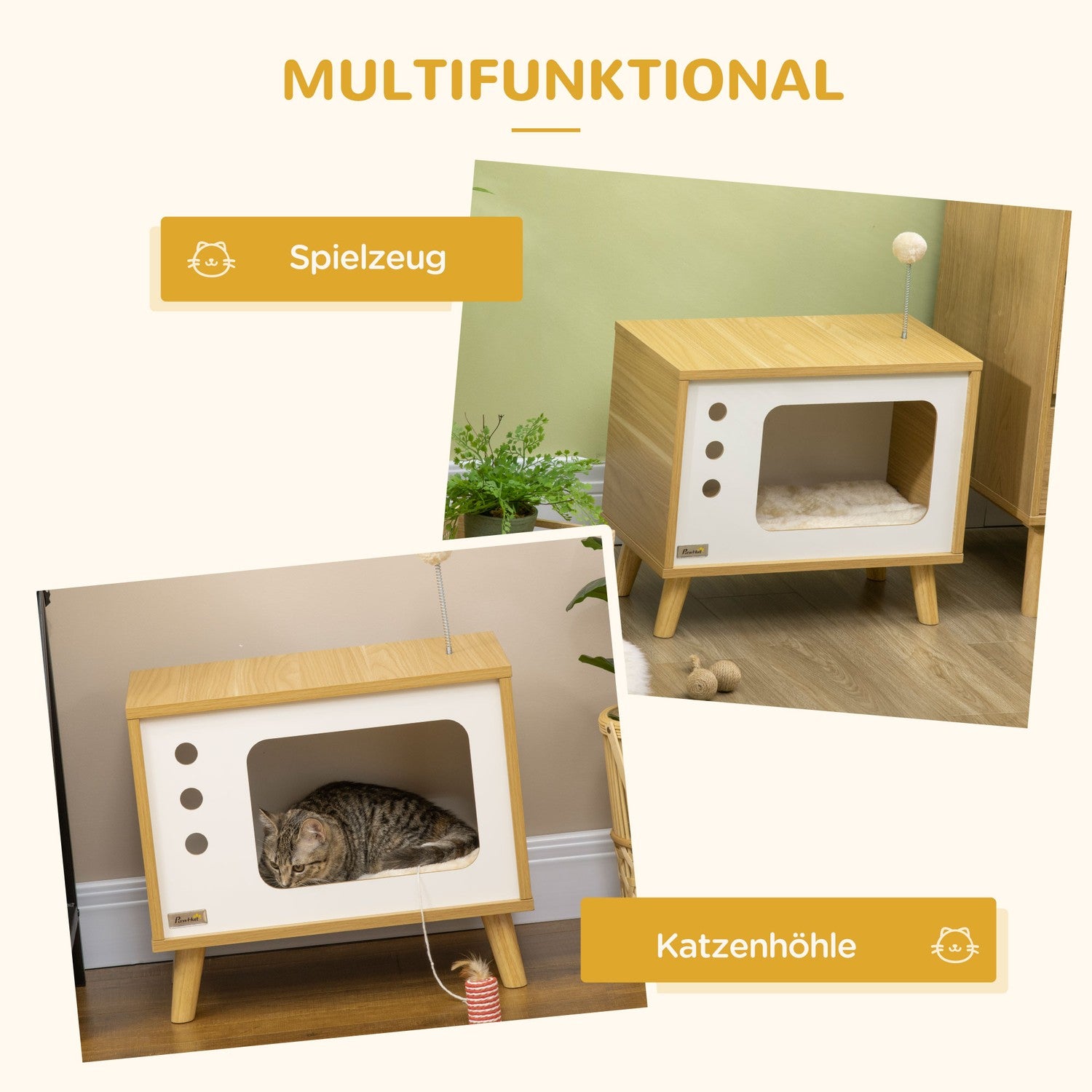 Katthus med lekboll & kudde, ek/beige/vit 50x28x43 cm