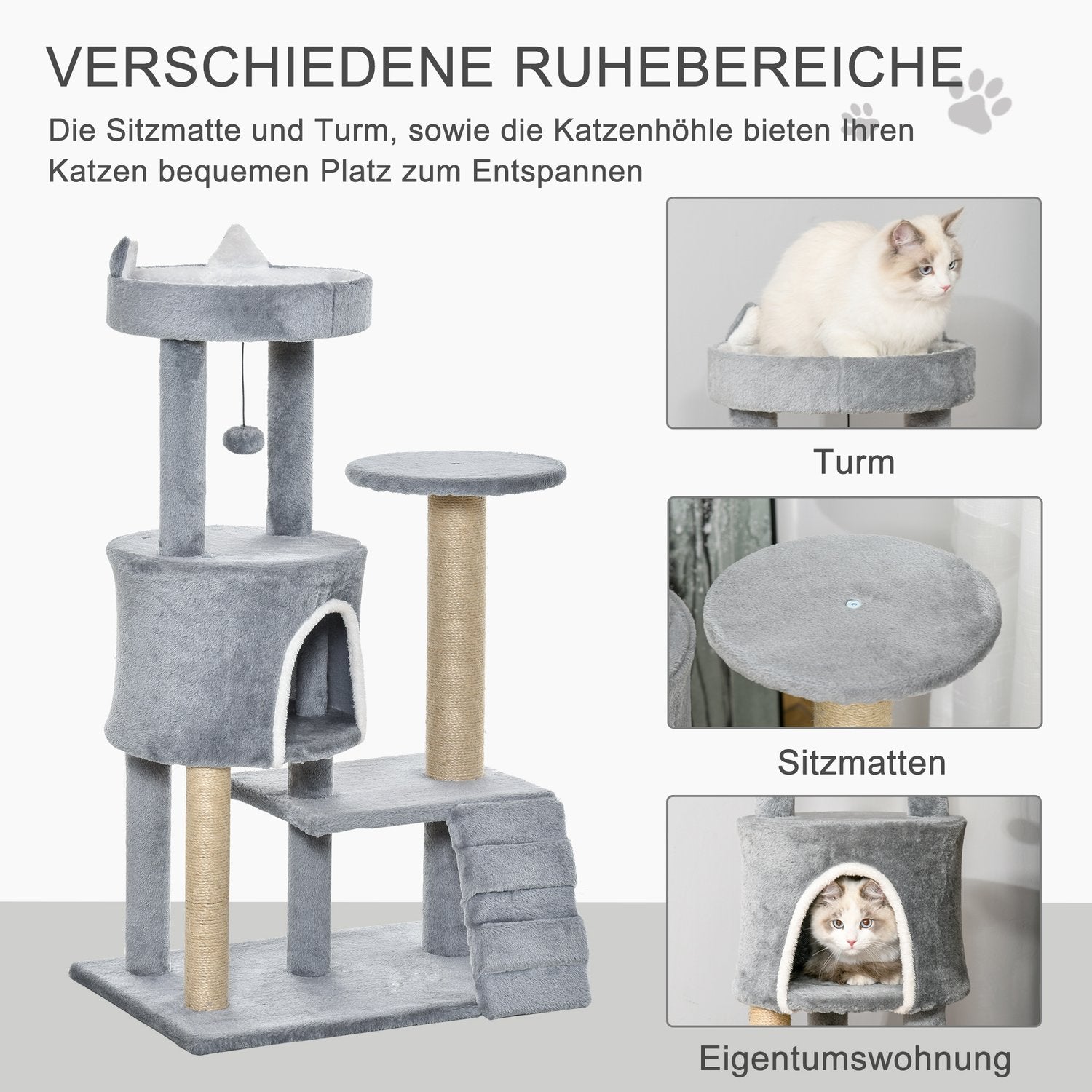 Kattklätterträd med skrapstolpe och grotta, grå, 100 cm