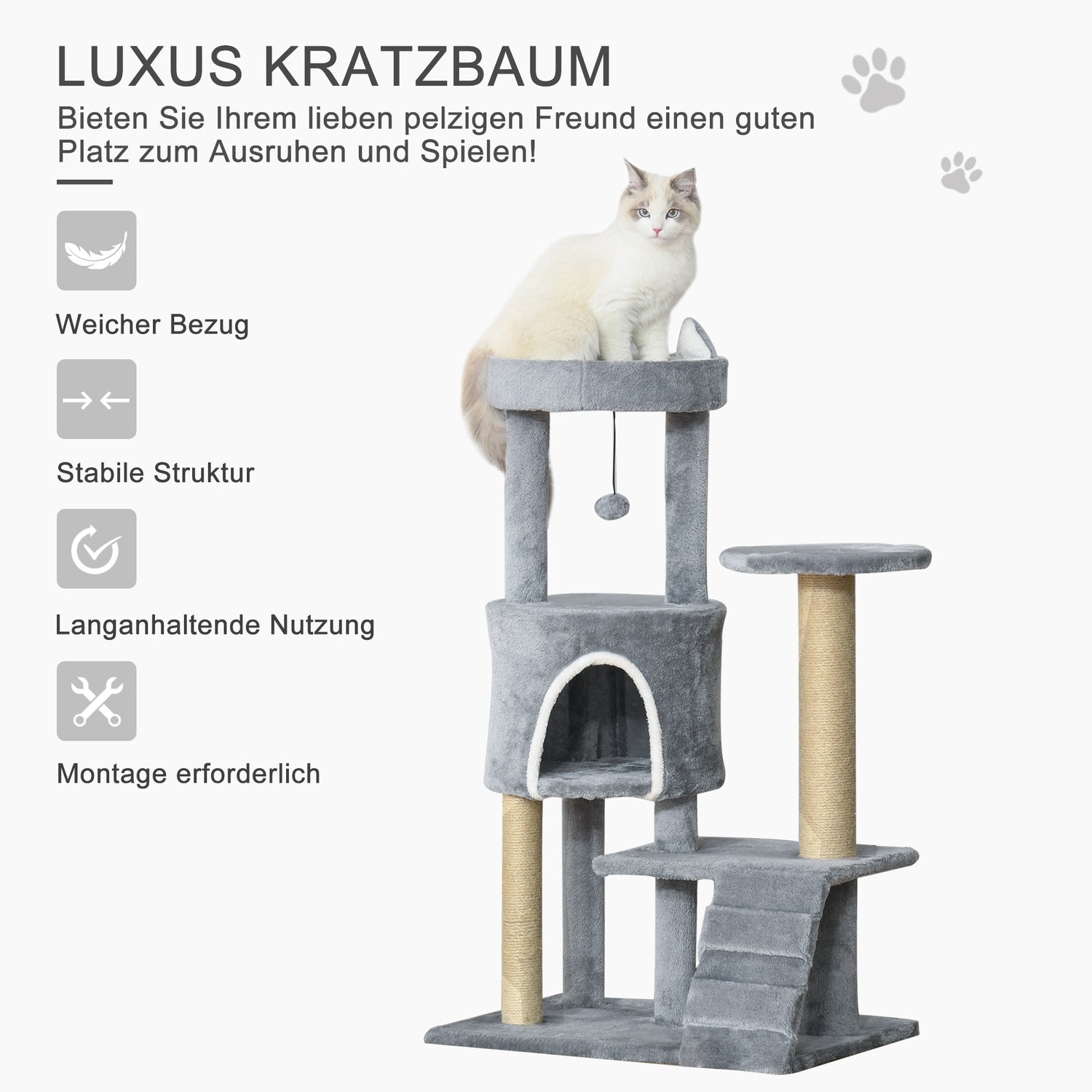 Kattklätterträd med skrapstolpe och grotta, grå, 100 cm
