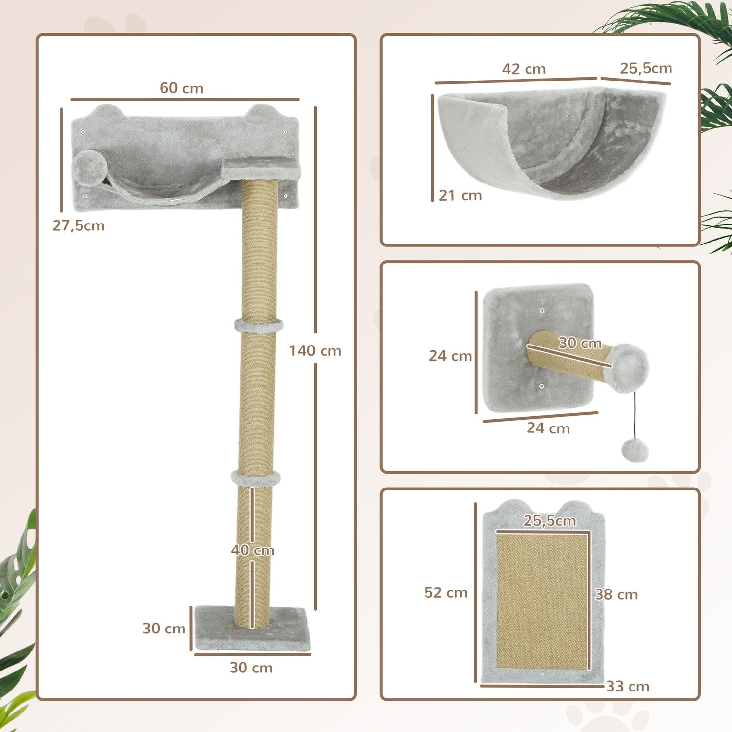Cat Climbing Wall Set – 5 st, skrapstolpar & hängmatta