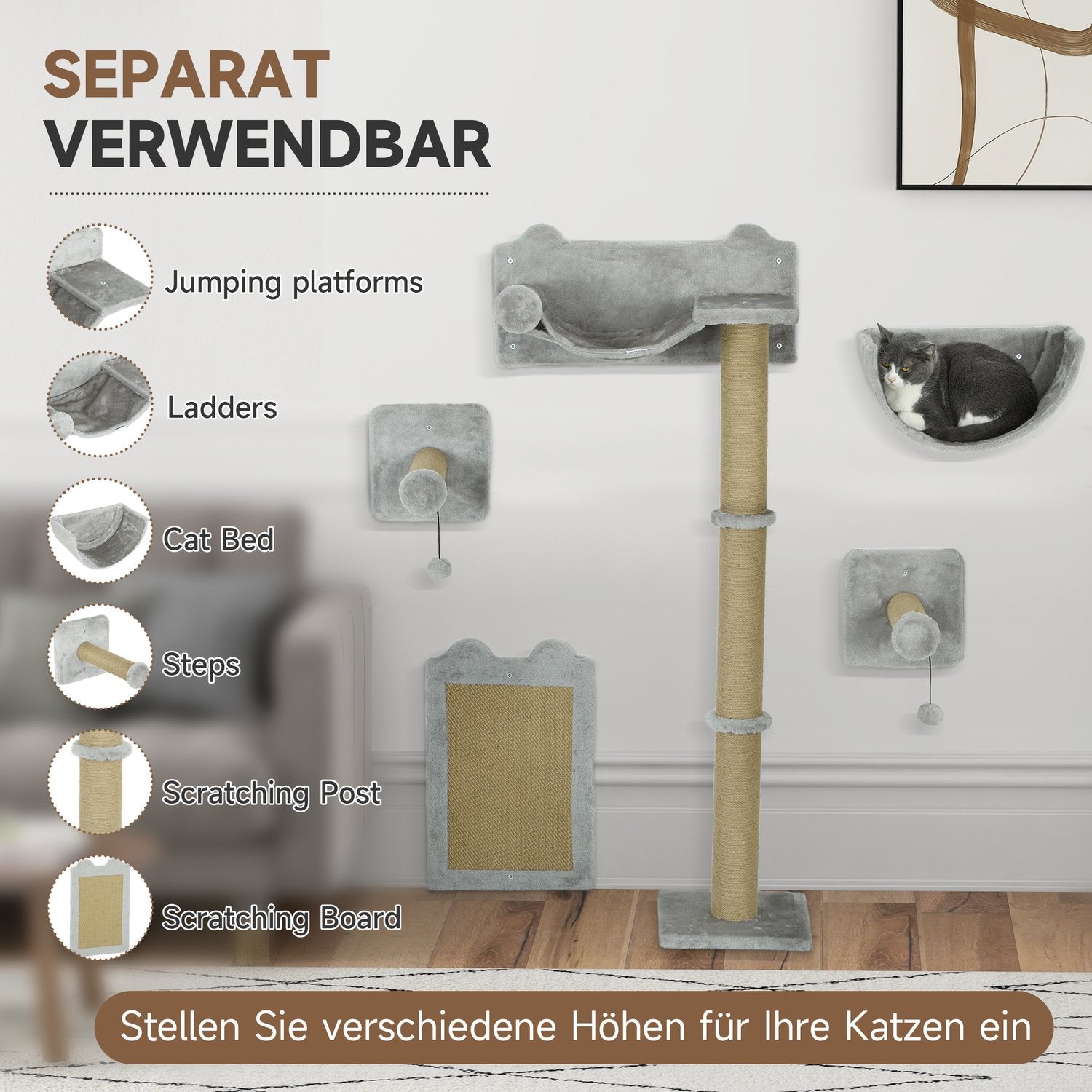 Cat Climbing Wall Set – 5 st, skrapstolpar & hängmatta