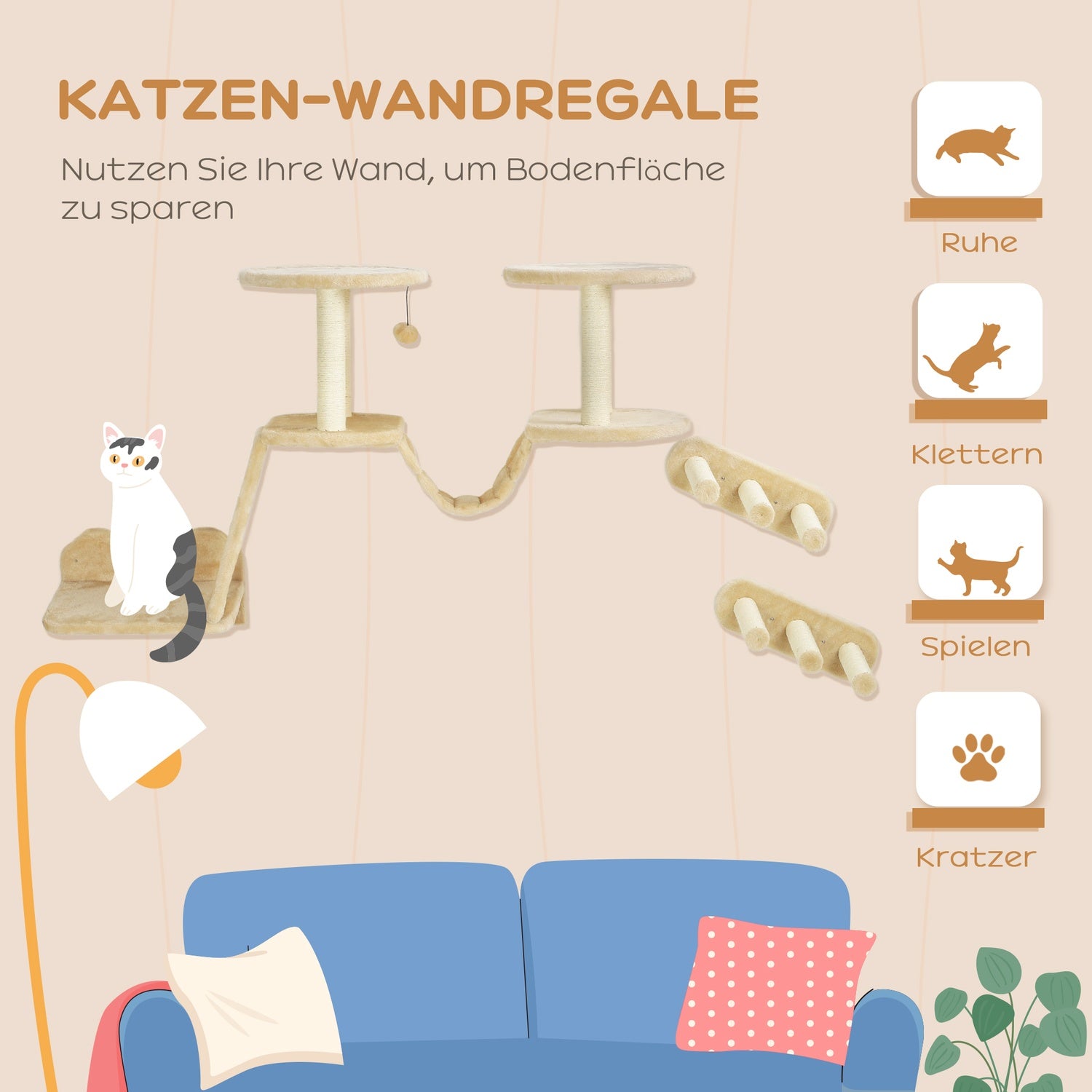 Cat klätterväggset med skrapstolpe, sisal, beige