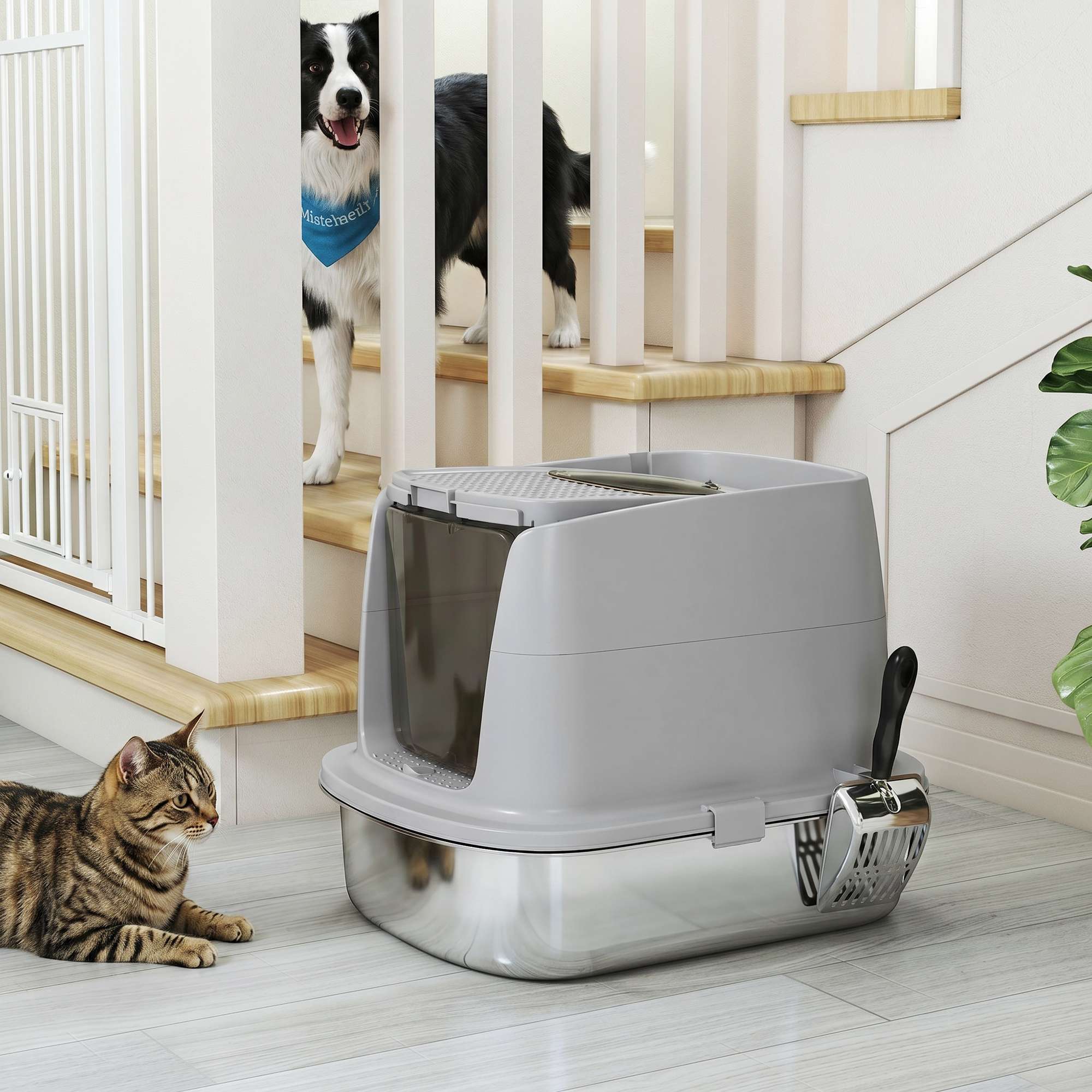 Kattlåda i rostfritt stål, inkl. skopa