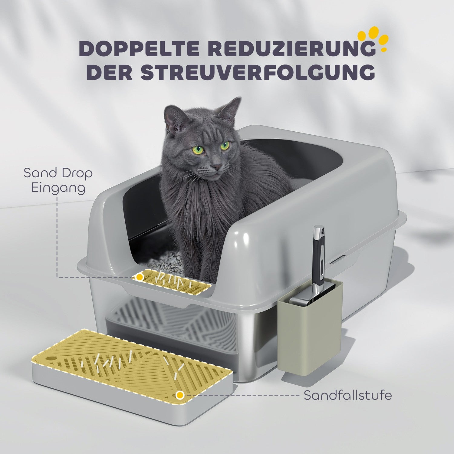 Kattlåda med lock & skopa, rostfritt stål, ljusgrå