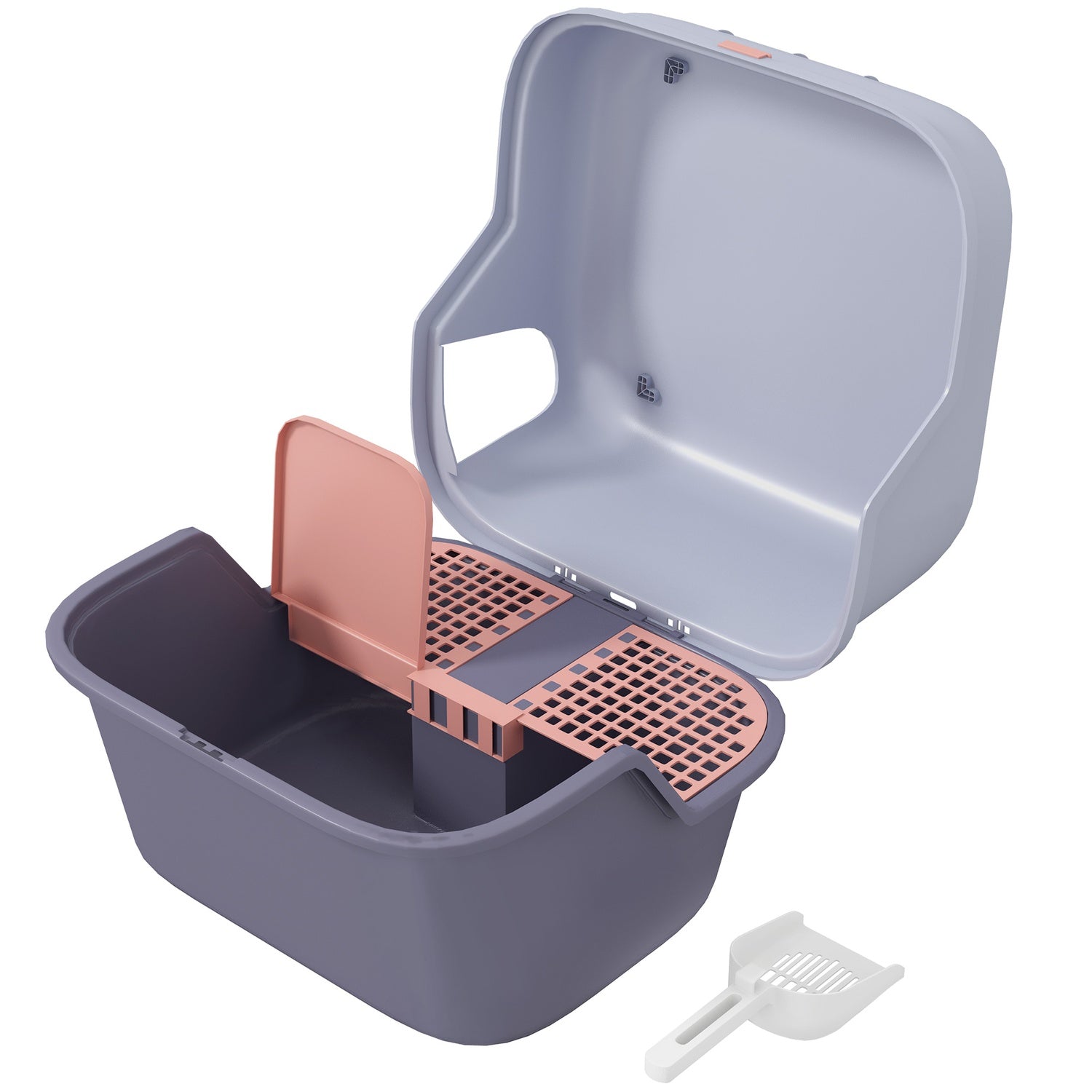 Kattlåda med lock, skopa, sil – lila, små katter