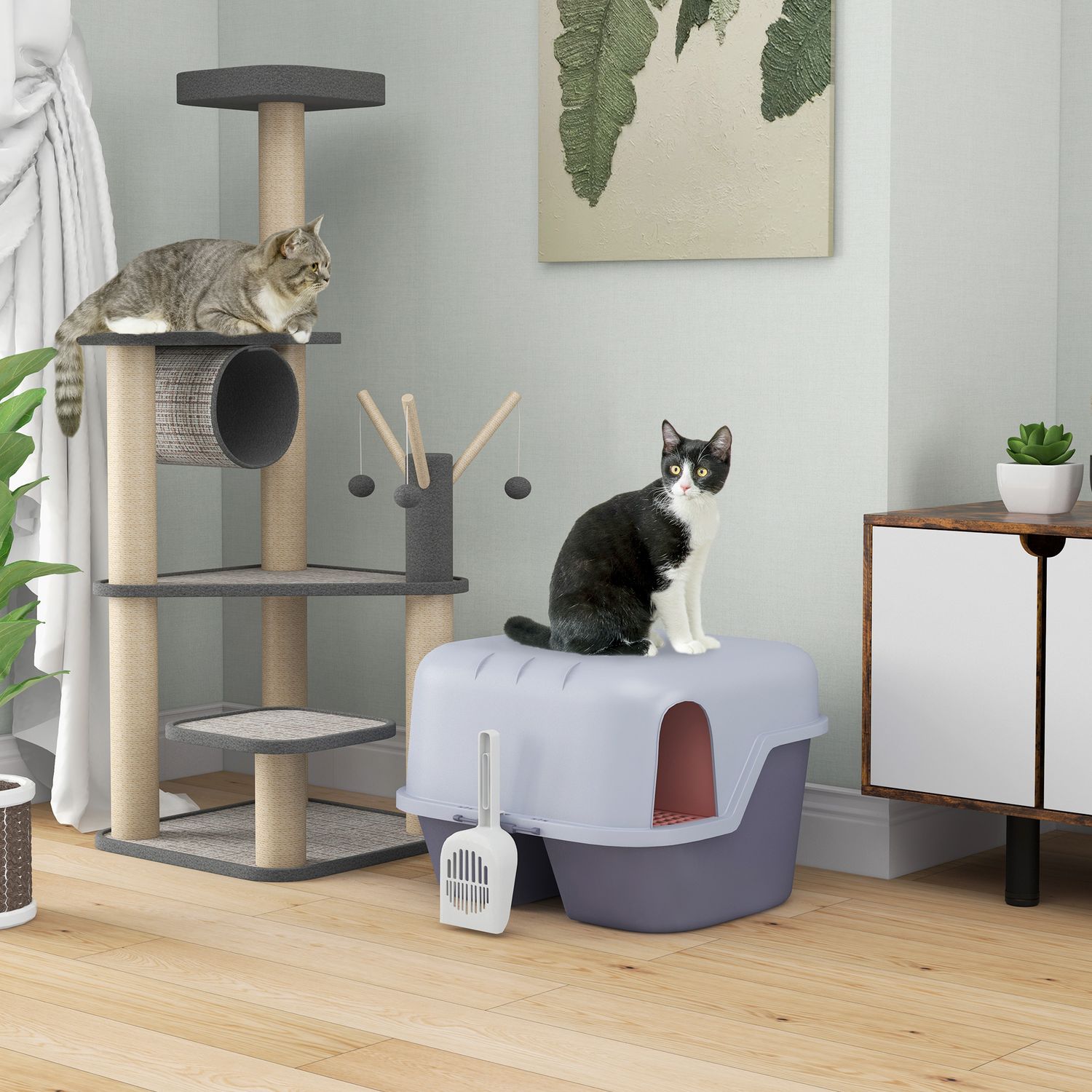 Kattlåda med lock, skopa, sil – lila, små katter