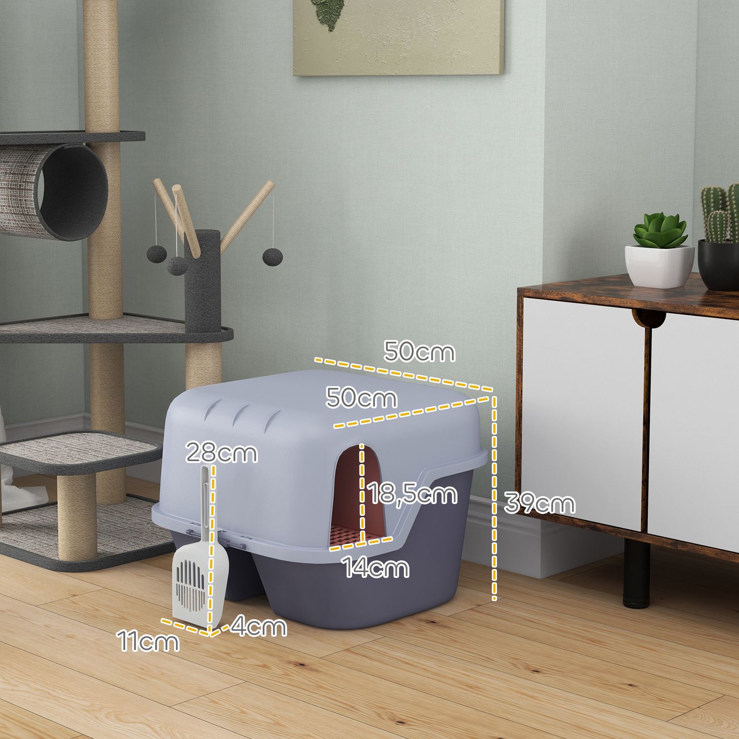 Kattlåda med lock, skopa, sil – lila, små katter