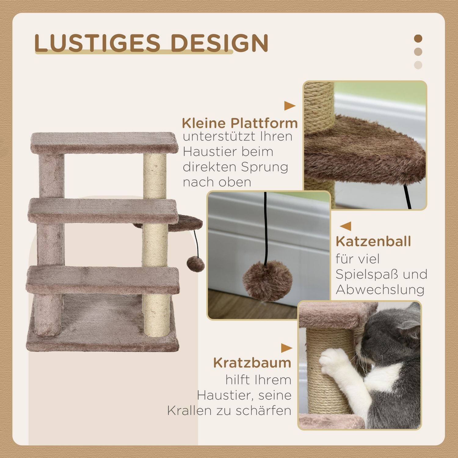 Katt- och hundtrappa, 3 steg med skrapstolpar, plyschbrun