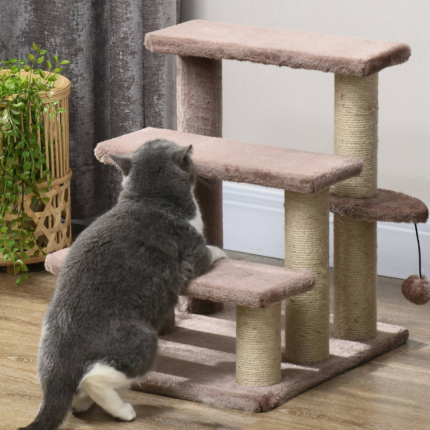 Katt- och hundtrappa, 3 steg med skrapstolpar, plyschbrun