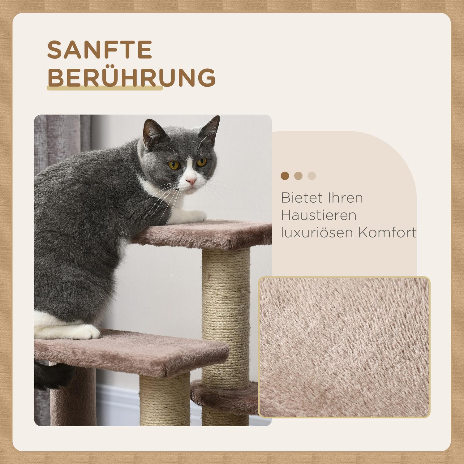 Katt- och hundtrappa, 3 steg med skrapstolpar, plyschbrun