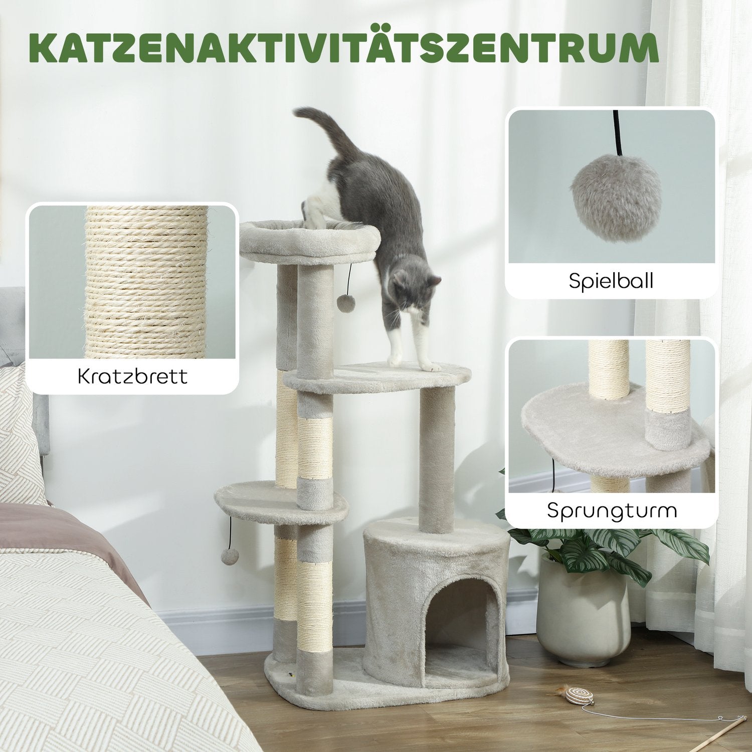 Kattorn 114 cm, Sisalstolpar, Flera nivåer, Ljusgrå