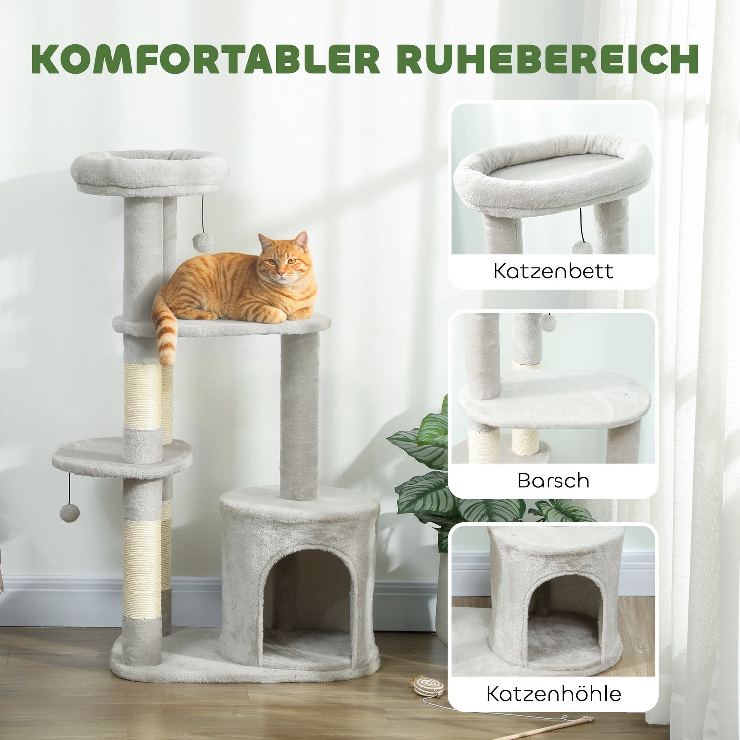 Kattorn 114 cm, Sisalstolpar, Flera nivåer, Ljusgrå