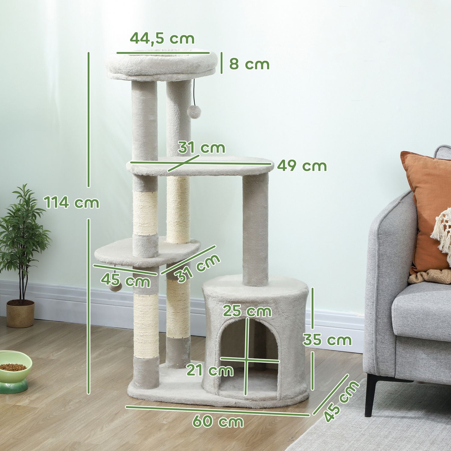 Kattorn 114 cm, Sisalstolpar, Flera nivåer, Ljusgrå