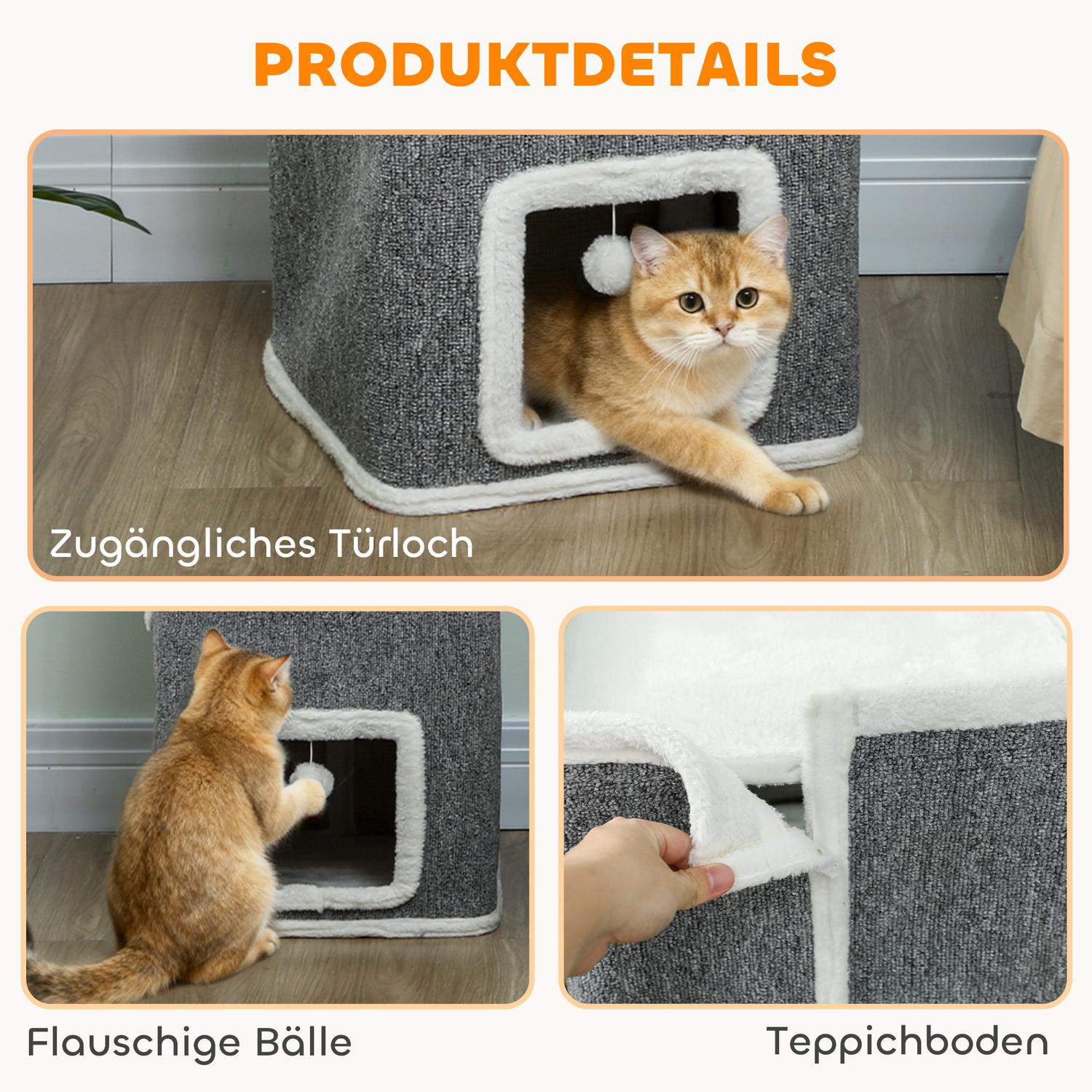 Kattorn med 3 grottor, grått, spånskiva, lekbollar