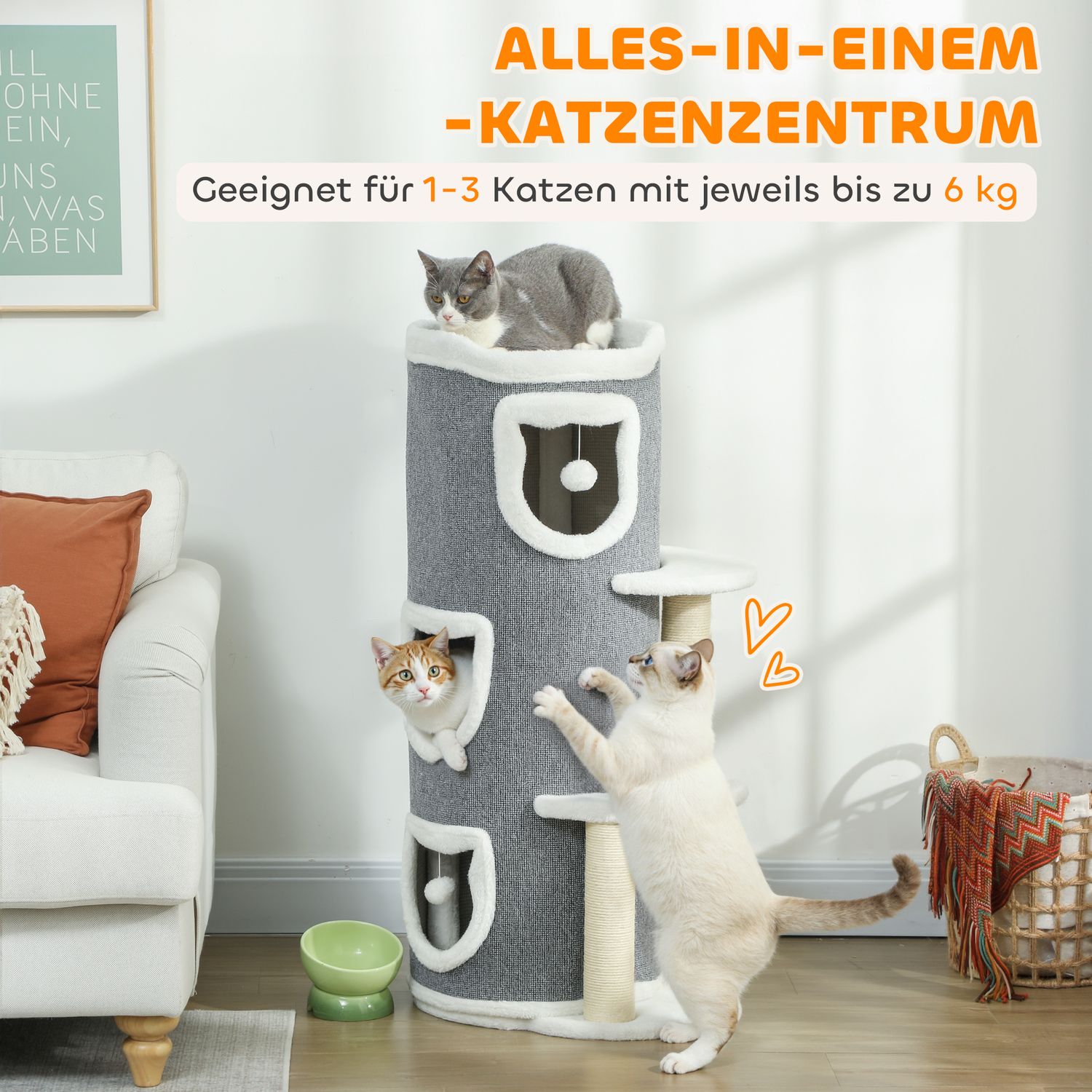 Kattorn med 3 nivåer, sisalstolpar, grå, 101 cm