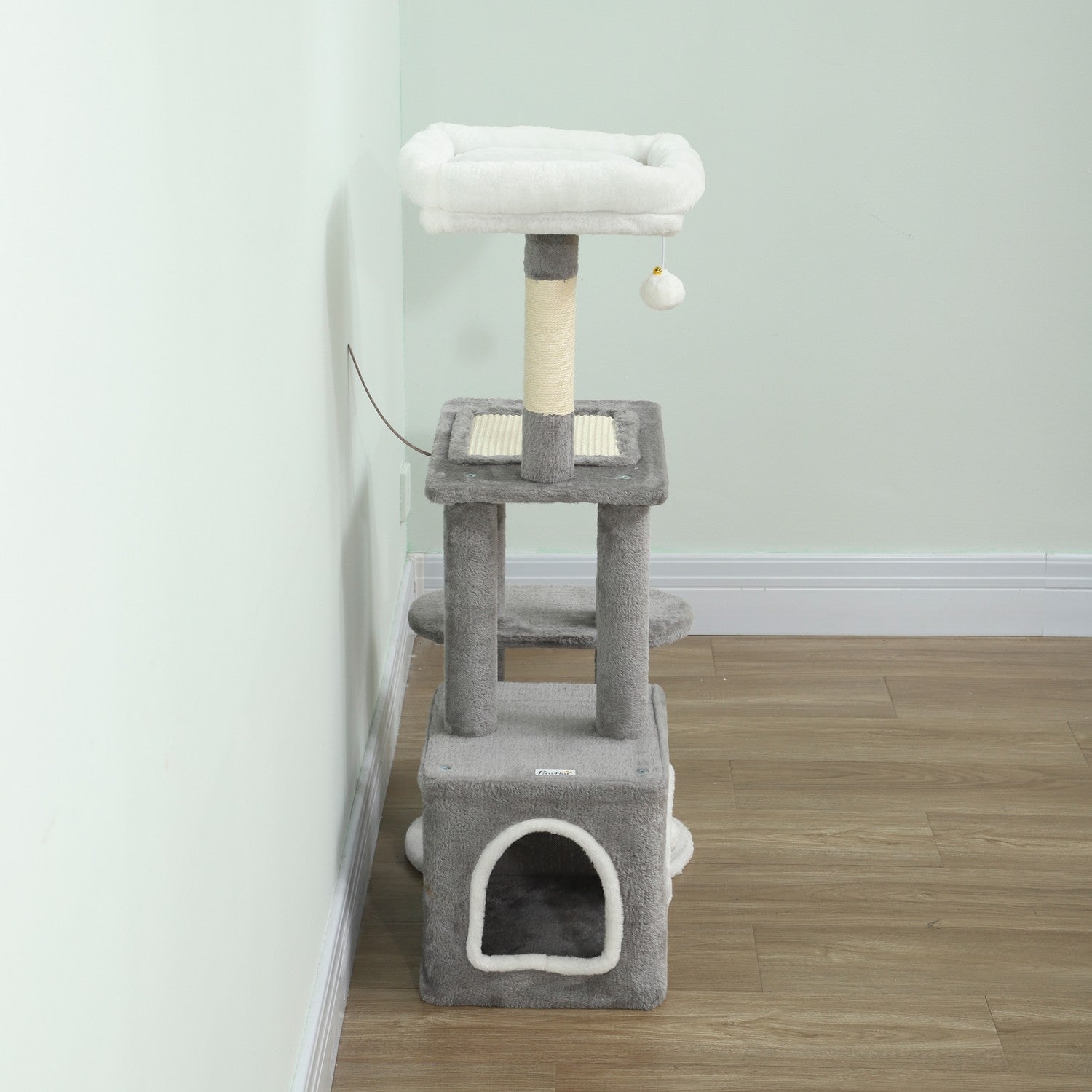 Kattorn med grotta, sisalstolpar, plyschbollar, 107 cm, grå