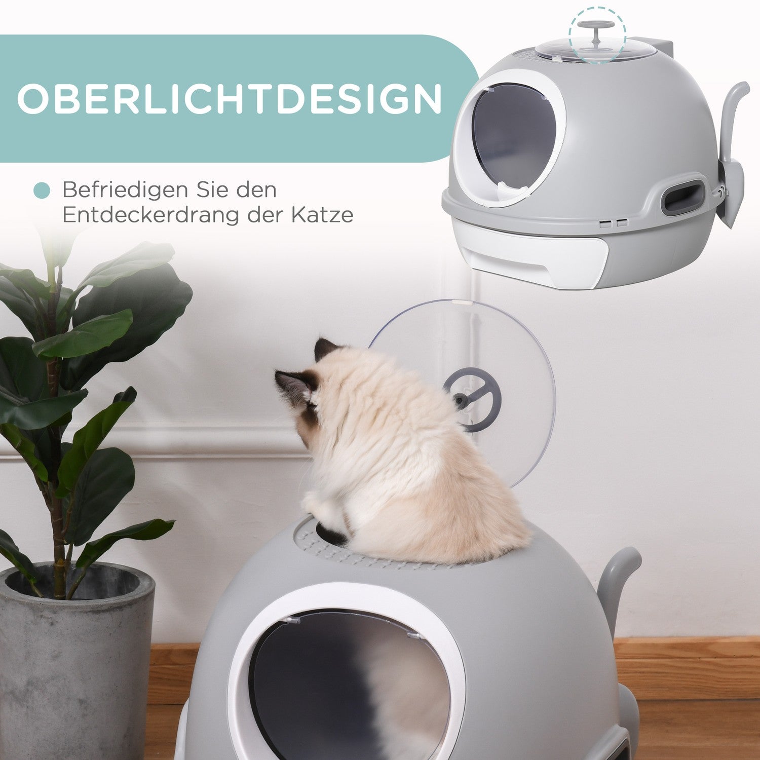 Bärbar kattsandlåda med tak och spade, grå PP/ABS