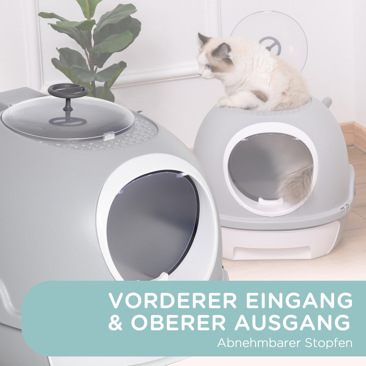 Bärbar kattsandlåda med tak och spade, grå PP/ABS