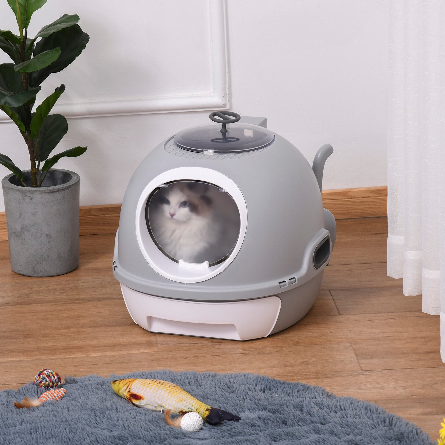 Bärbar kattsandlåda med tak och spade, grå PP/ABS