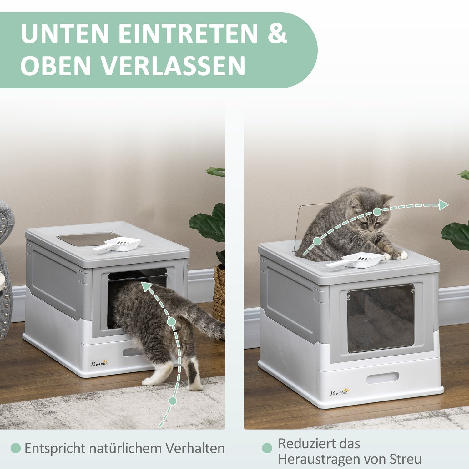 Kattlåda med lock, skopa & luktborttagare, plast, vit/grå