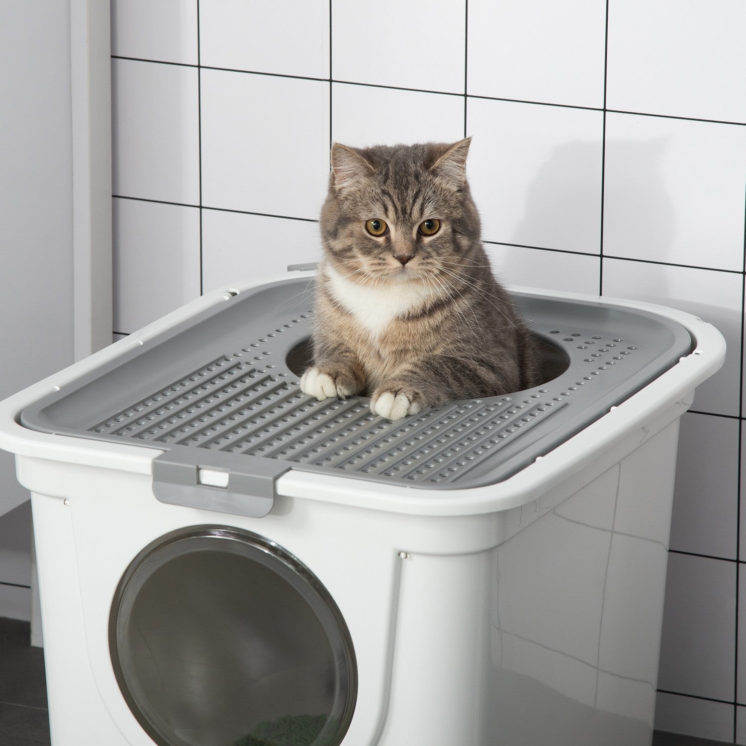 Kattsandlåda i plast med lock och skopa, inomhus – Grå/Vit