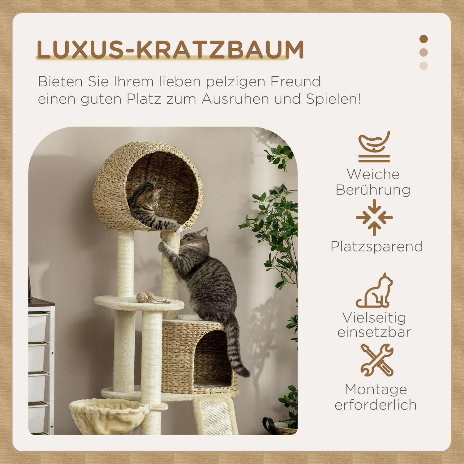 Kattskrapstolpe med rottinghus och hängmatta, beige