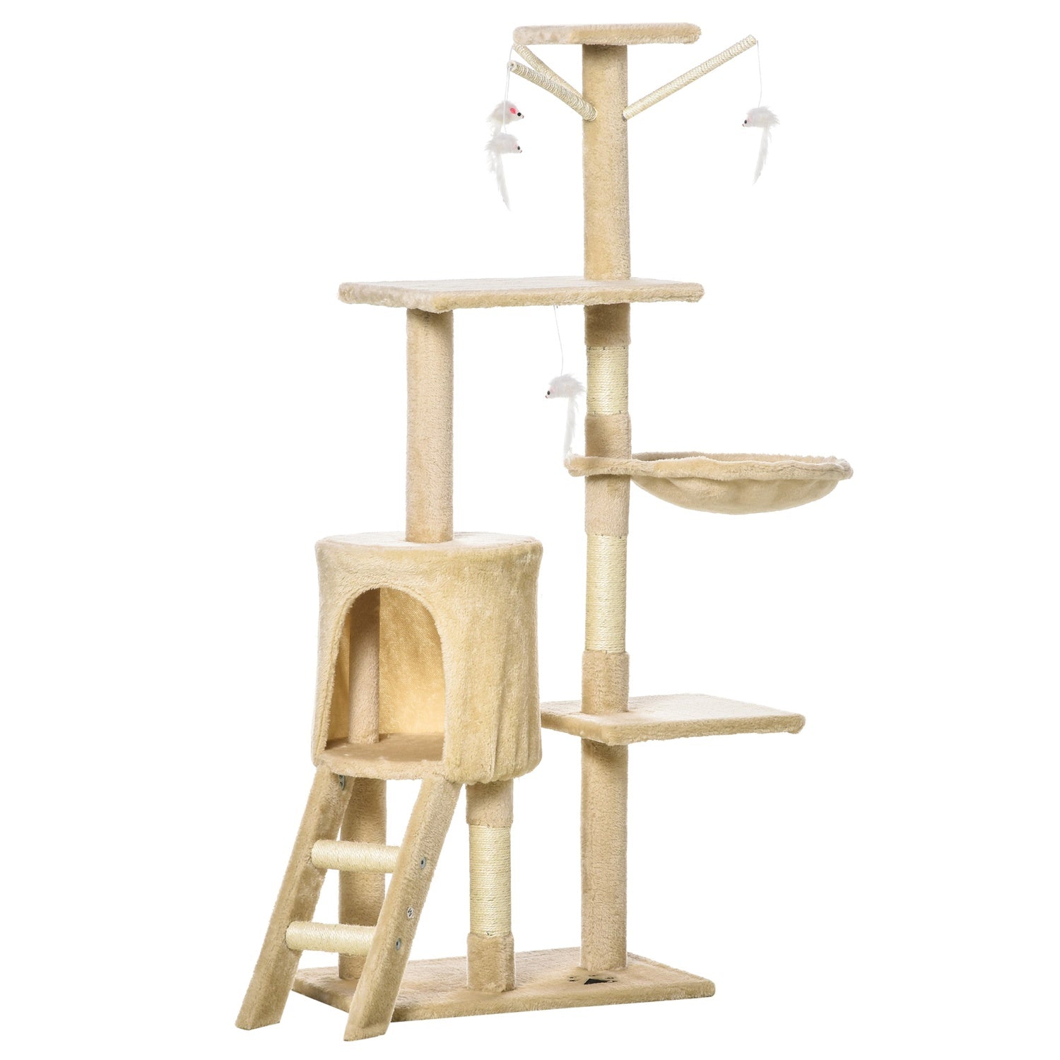 Kattskrapstolpe med trappor och leksaker, beige, 50 x 35 x 134 cm