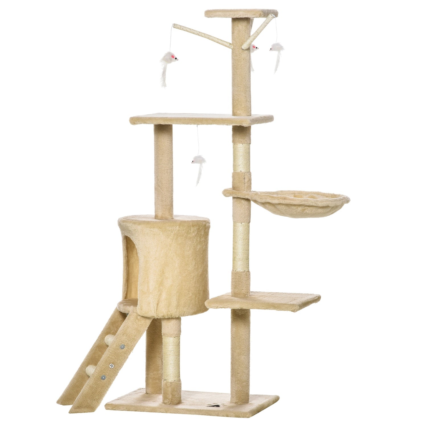 Kattskrapstolpe med trappor och leksaker, beige, 50 x 35 x 134 cm