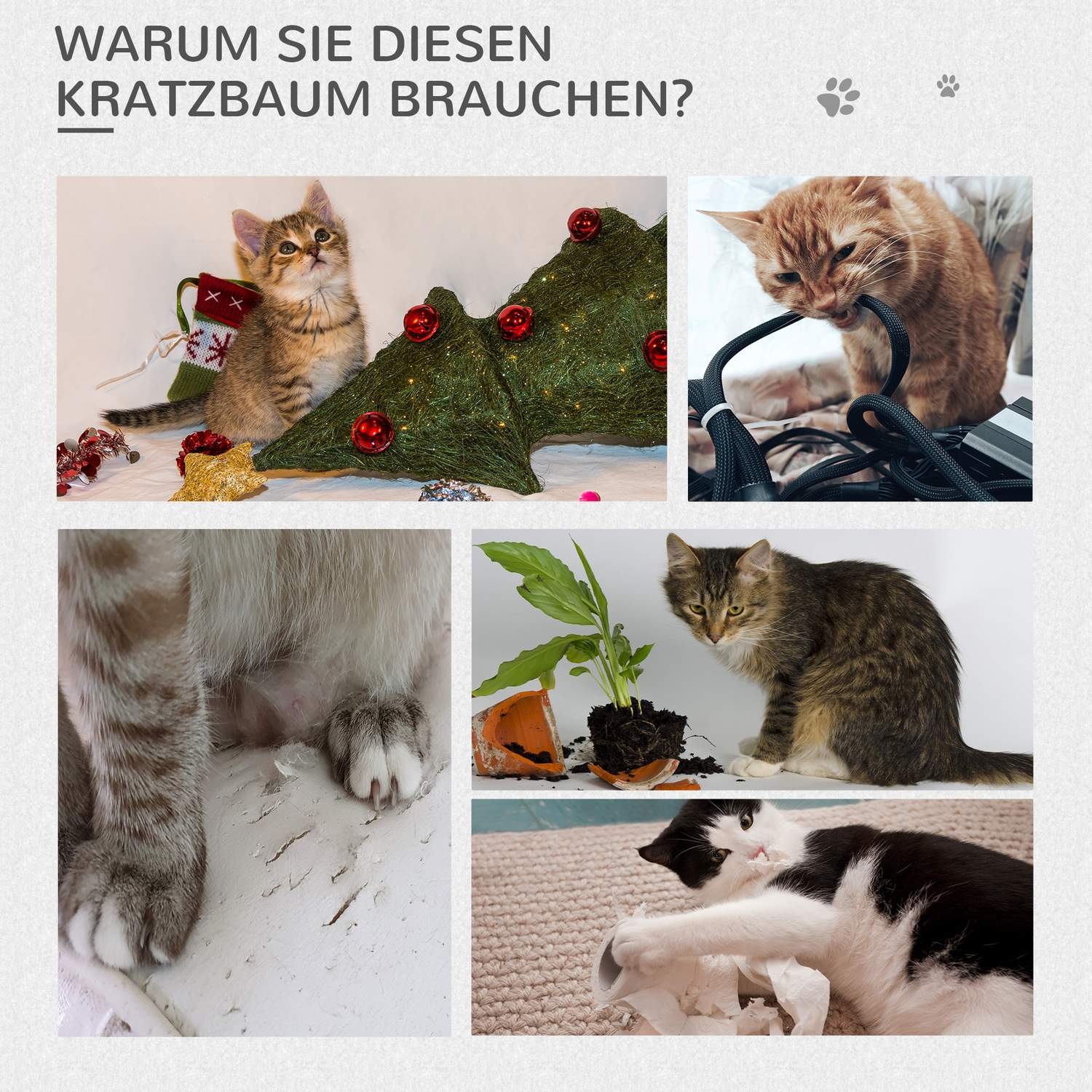 Kattskrapträd med grotta, mjuk plyschkudde, grått och vitt