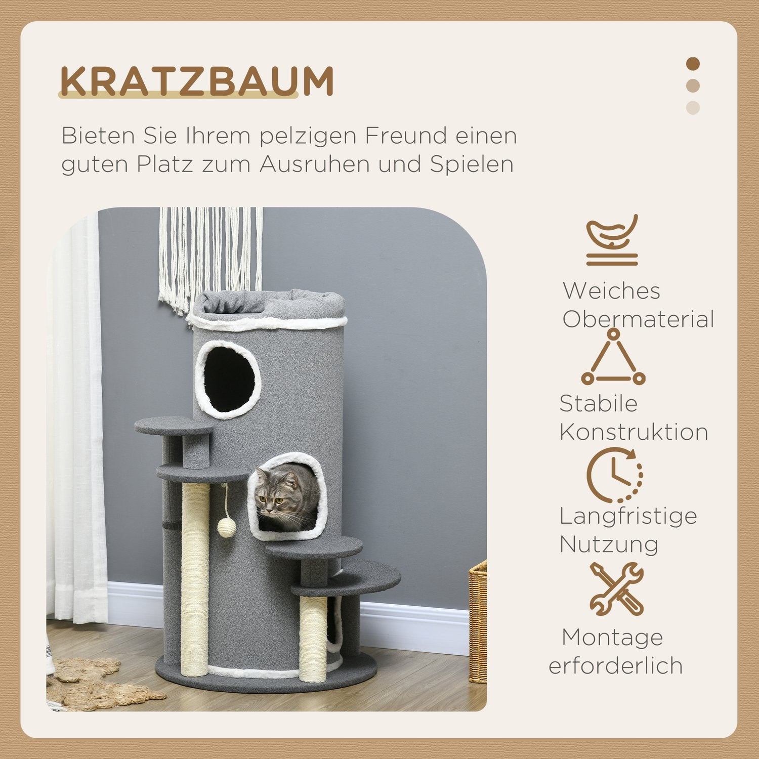 Cat Scratching Barrel med Säng & Plattformar, 99 cm, Grå