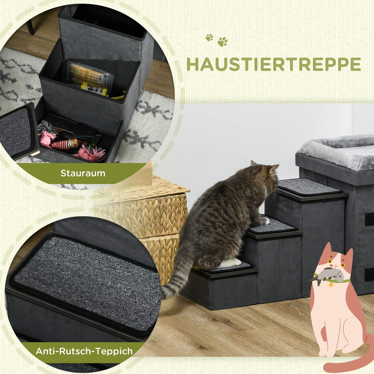 Kattsäng med 2 skålar i rostfritt stål, grå, upp till 8 kg