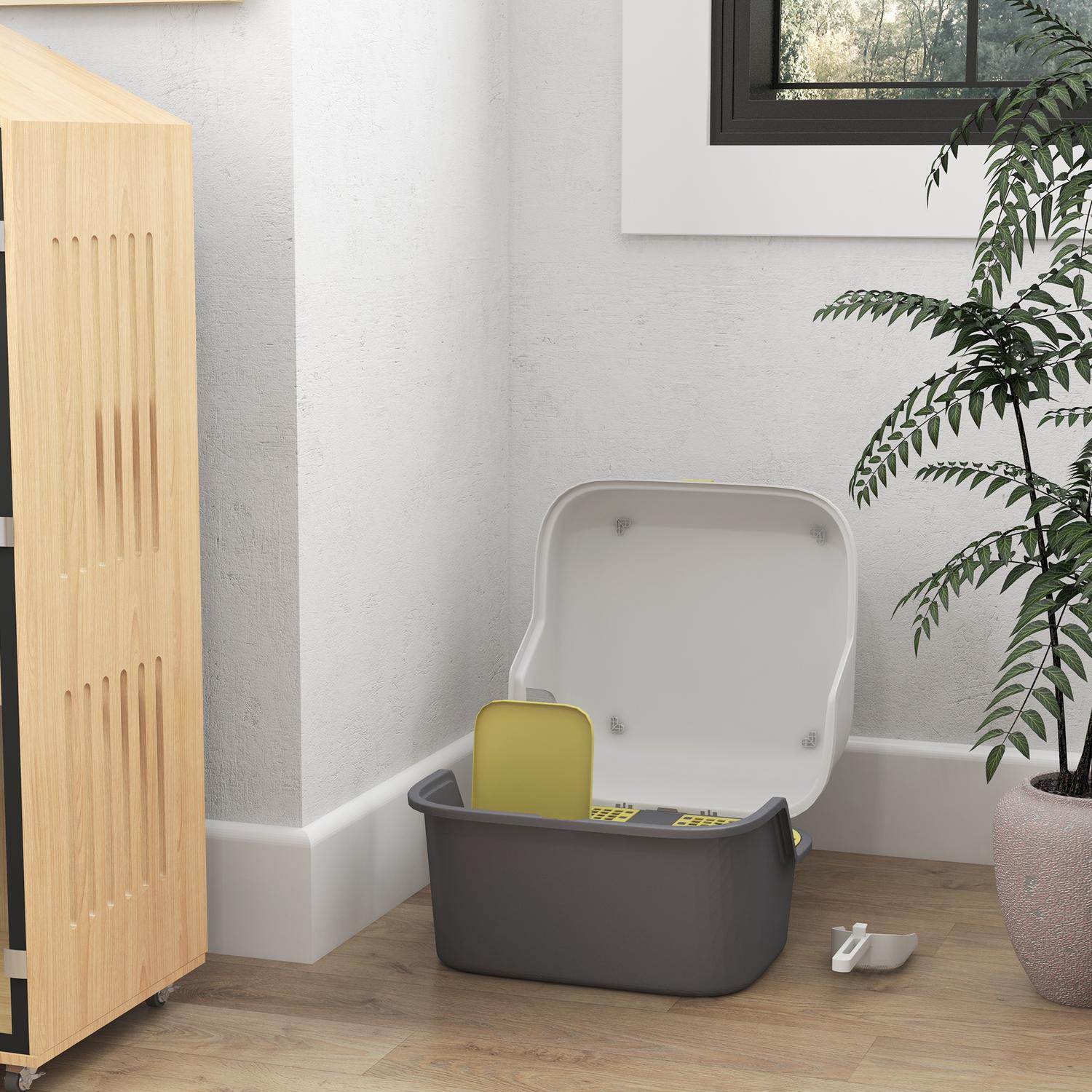 Kattlåda med lock & sil, inomhus, plast, kräm