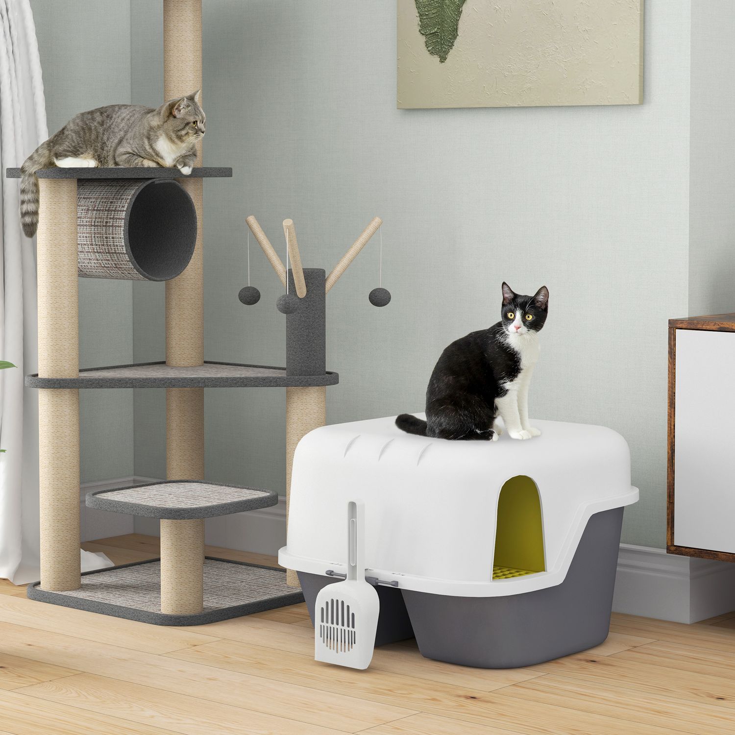 Kattlåda med lock & sil, inomhus, plast, kräm