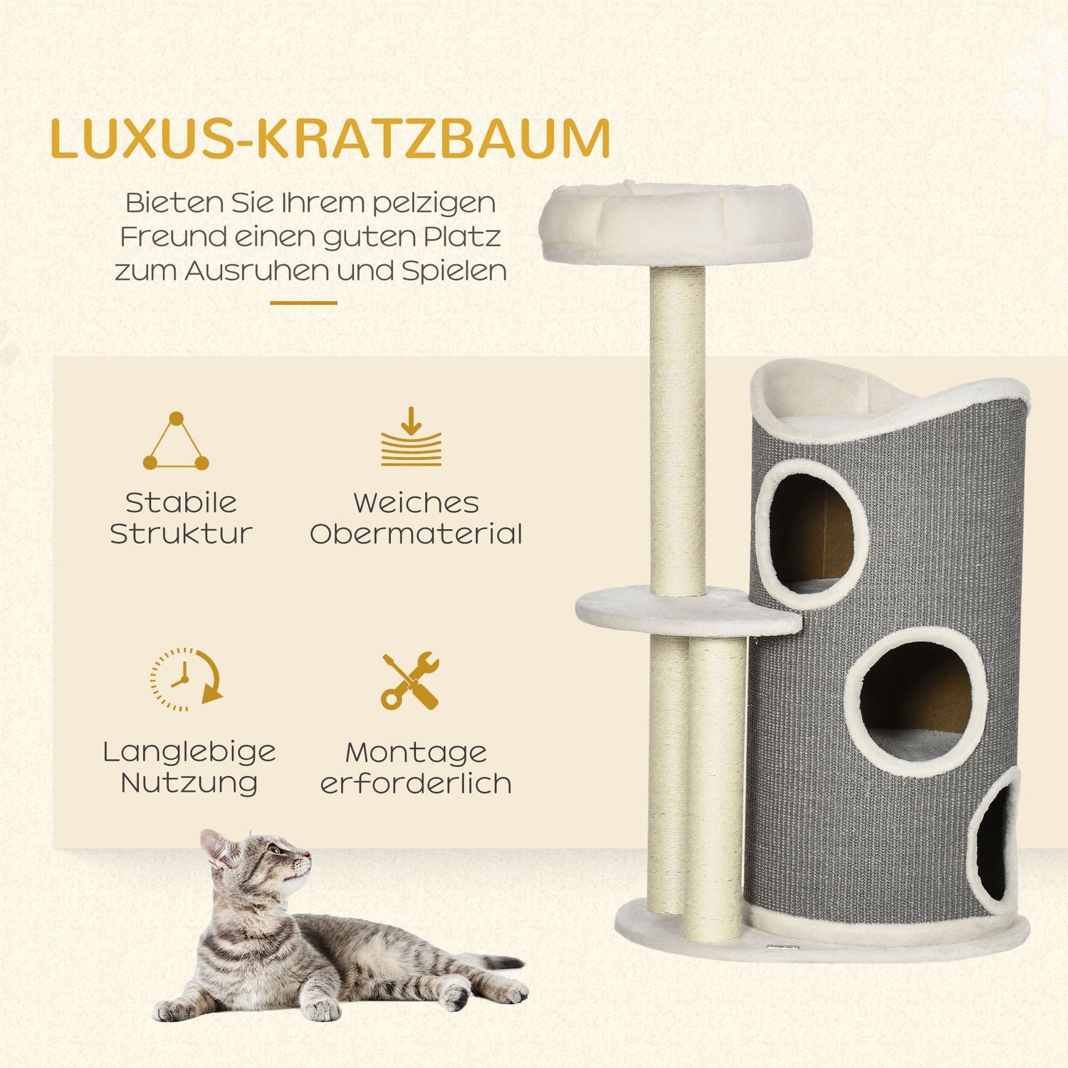 Kattträd 109cm med skrapfat & säng, grå/vit